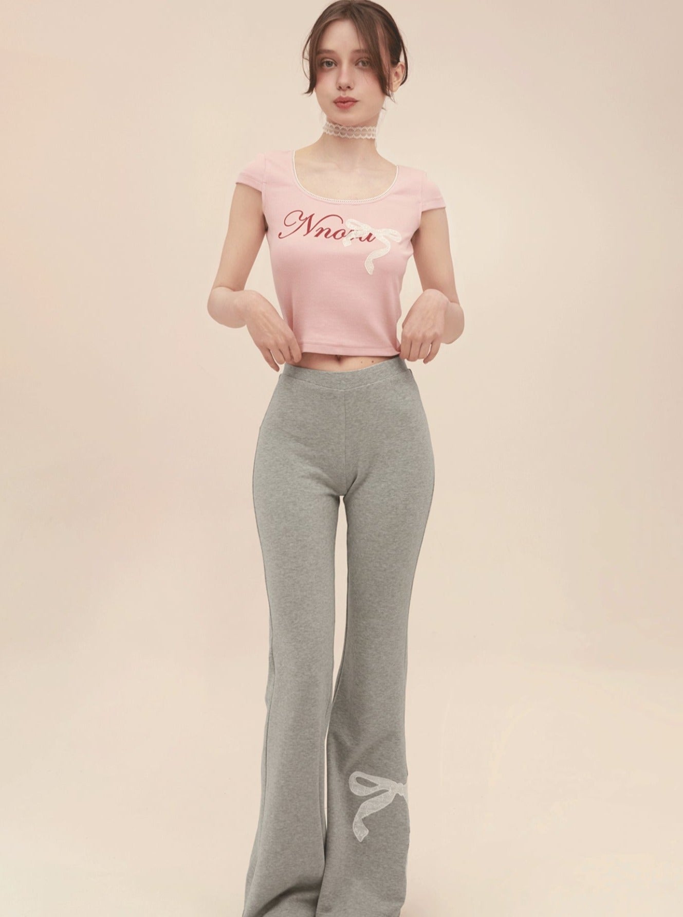 U넥 리본 하이 웨이스트 티셔츠