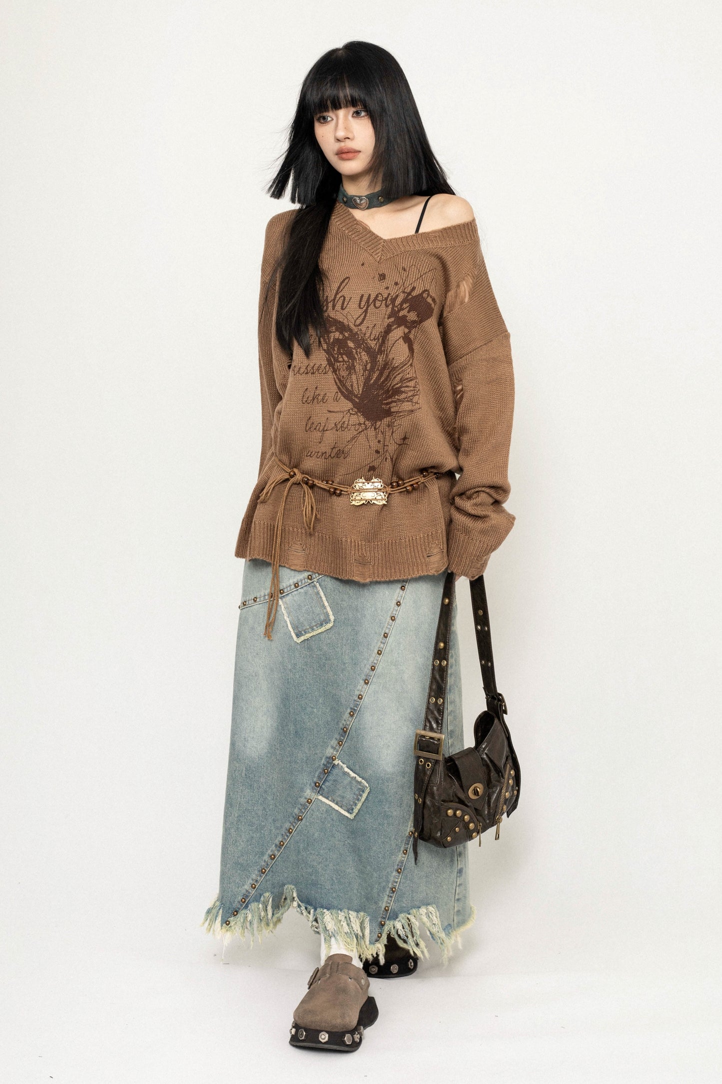 Pull en tricot lâche à motifs de papillon en café