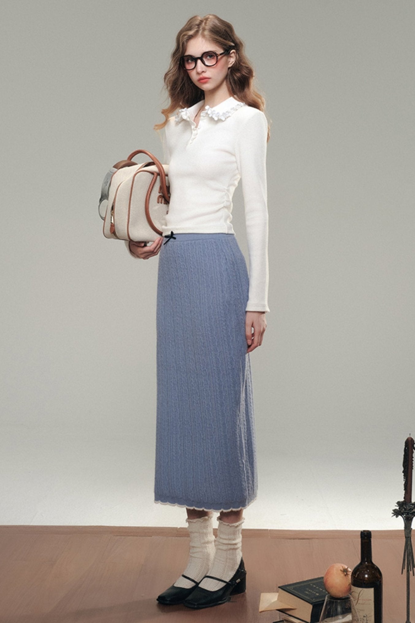 트랑퀼리티 블루 니트 카디건 스커트 세트업