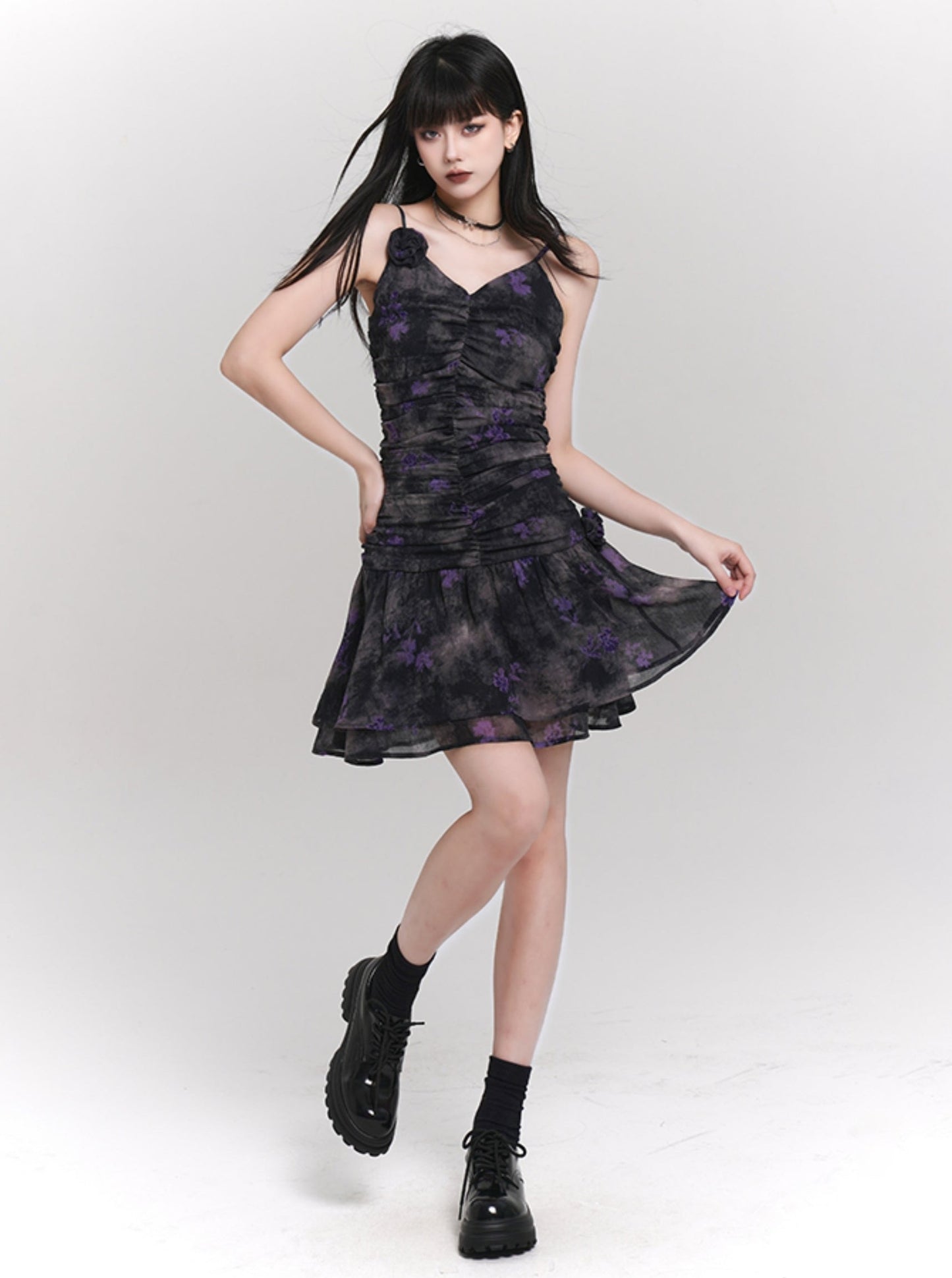 블랙 플로럴 슬립 드레스