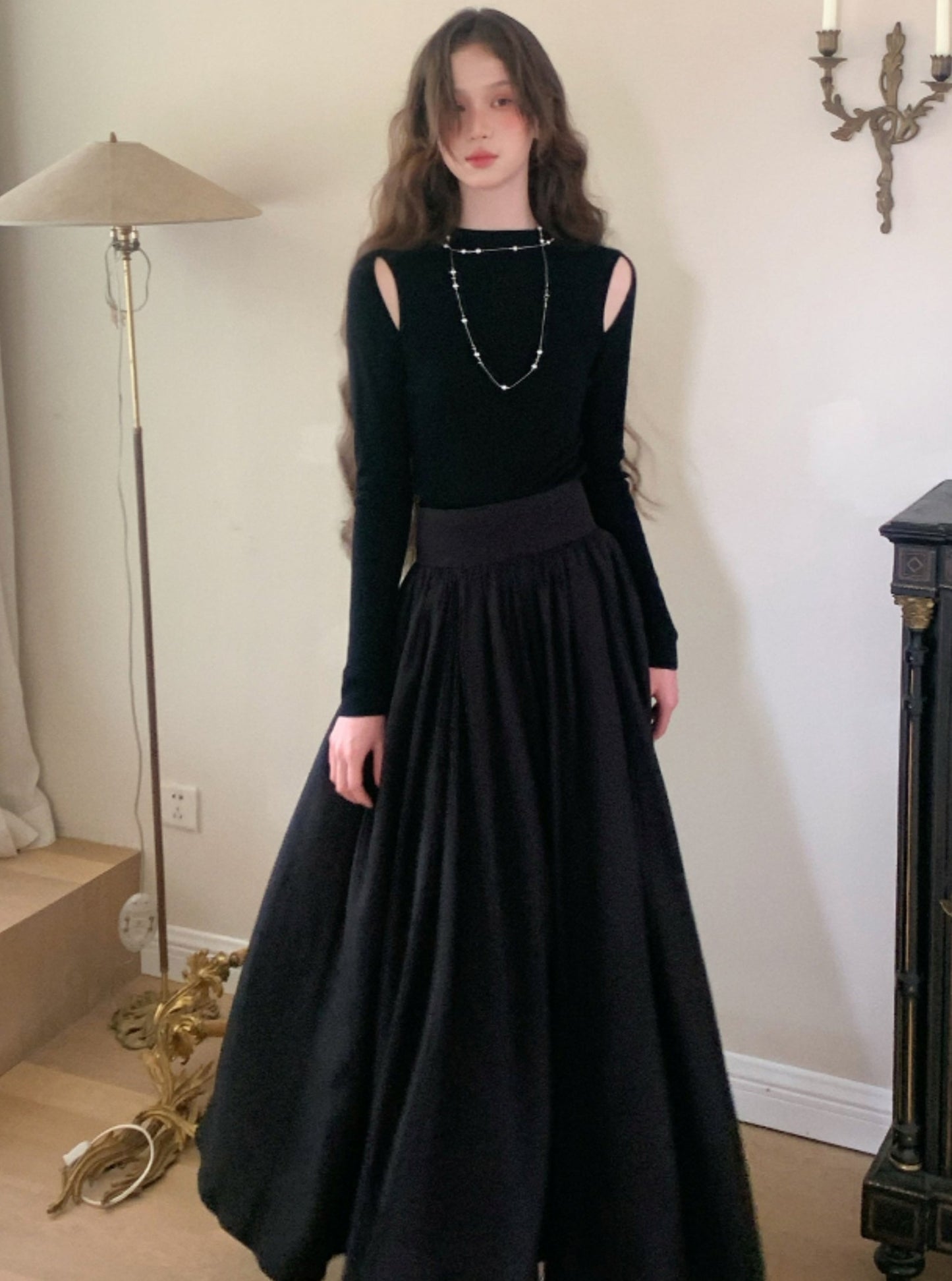 슬림 블랙 프렌치 니트 탑