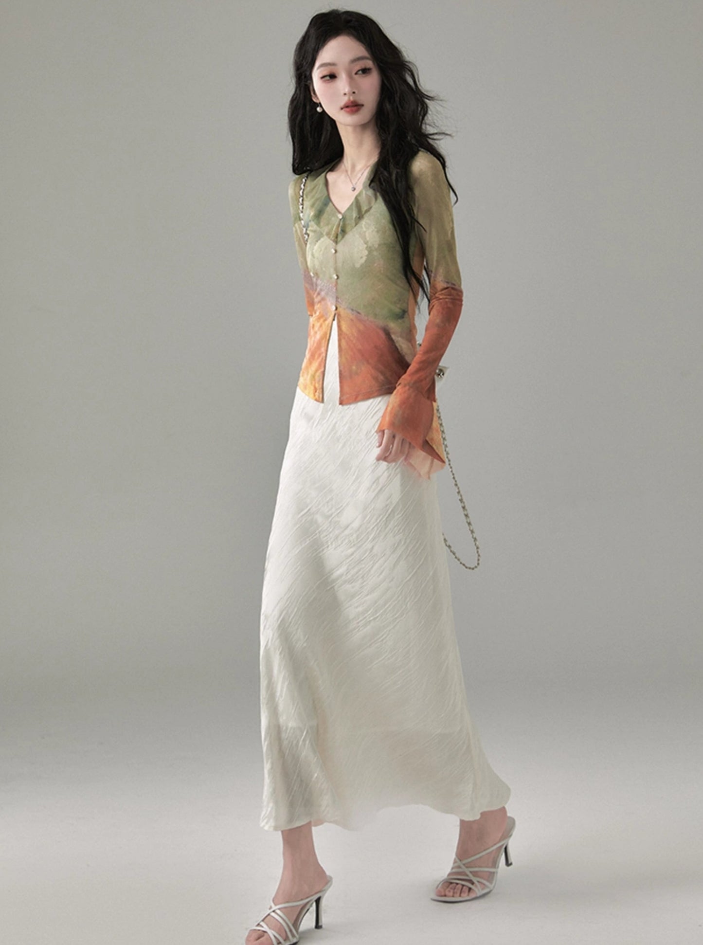 컬러 블록 프린트 메시 셔츠