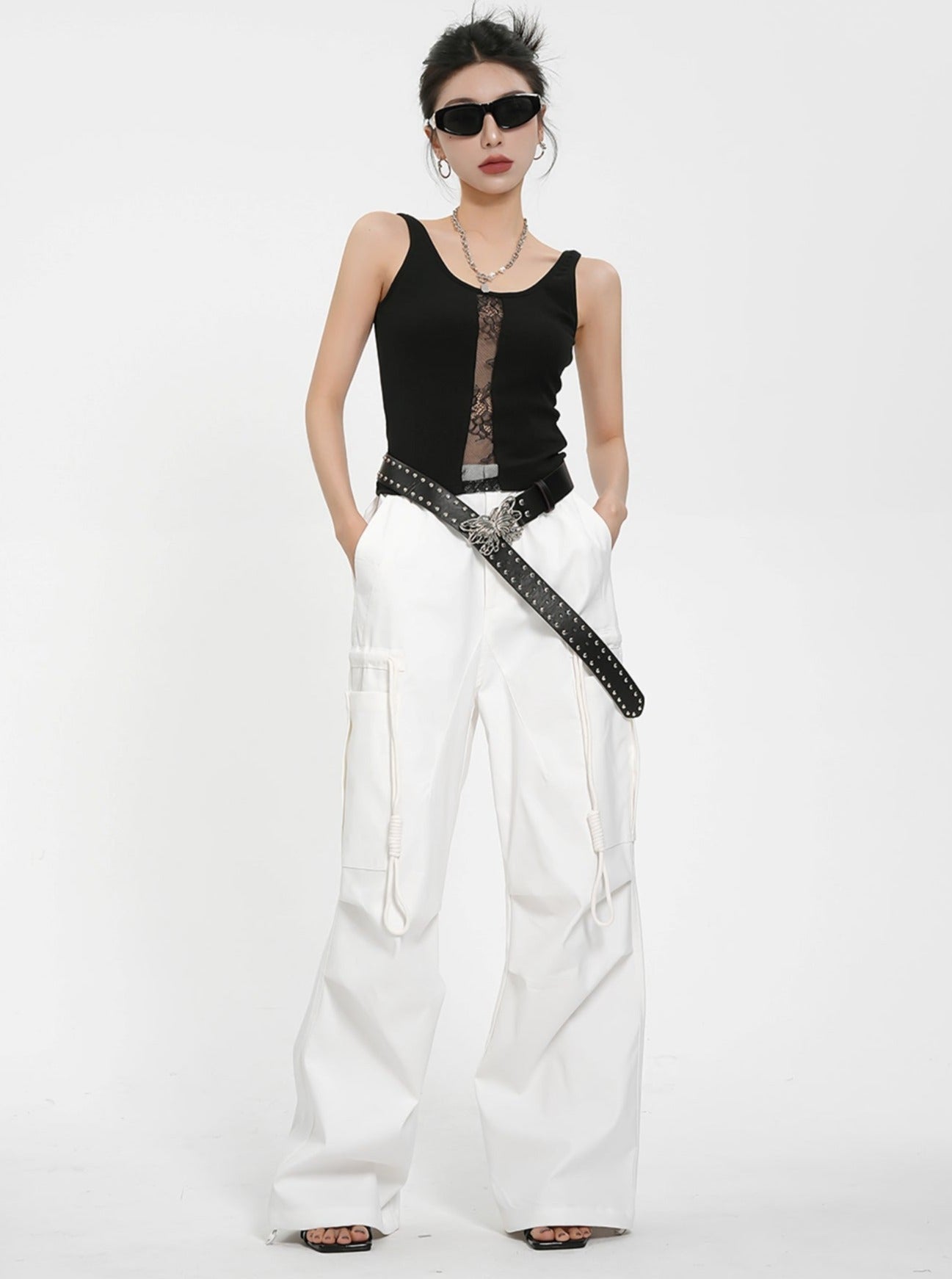 Drawstring Black Wide Leg Pants