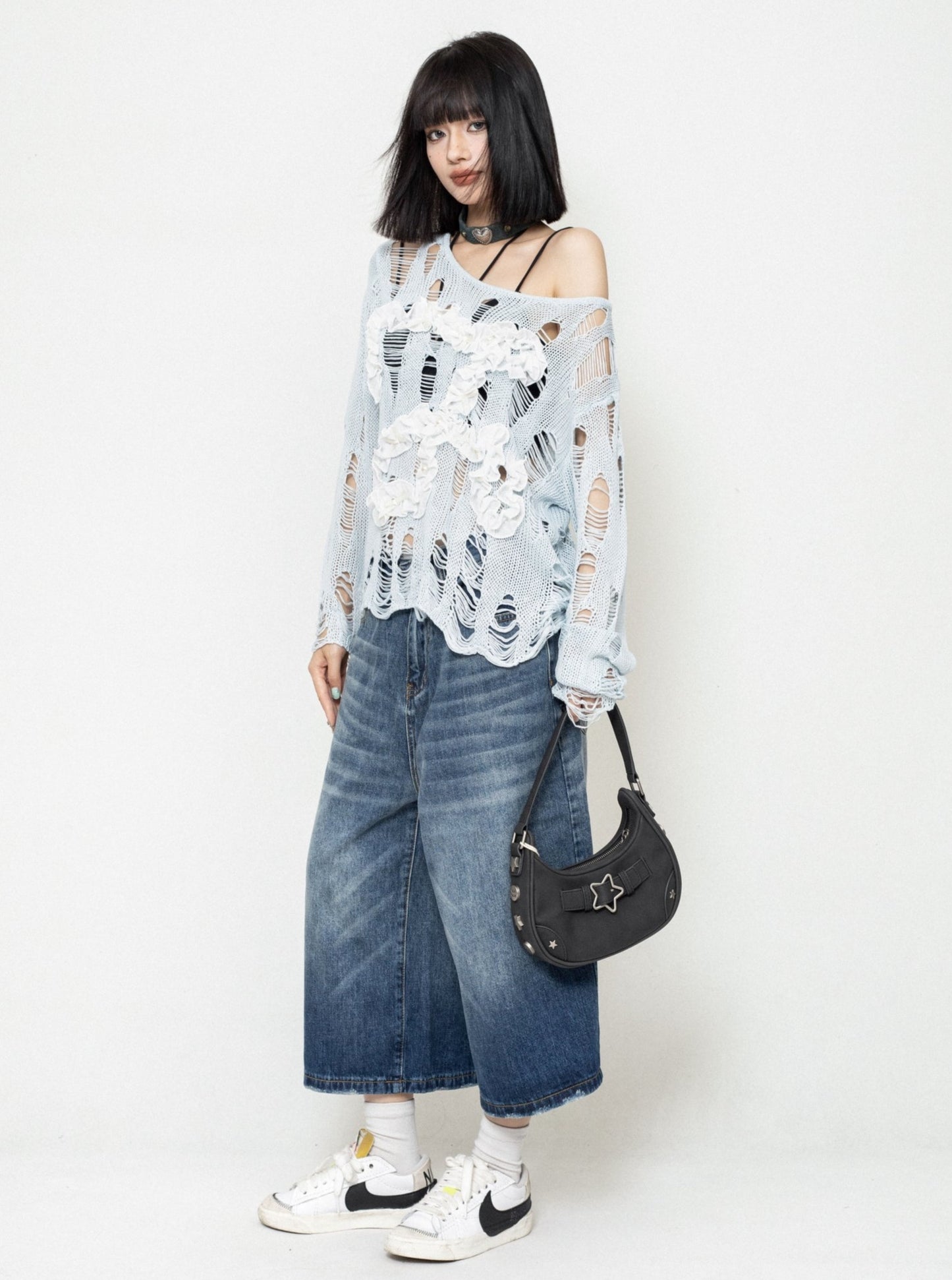 Off-Shoulder Mesh Knit Top