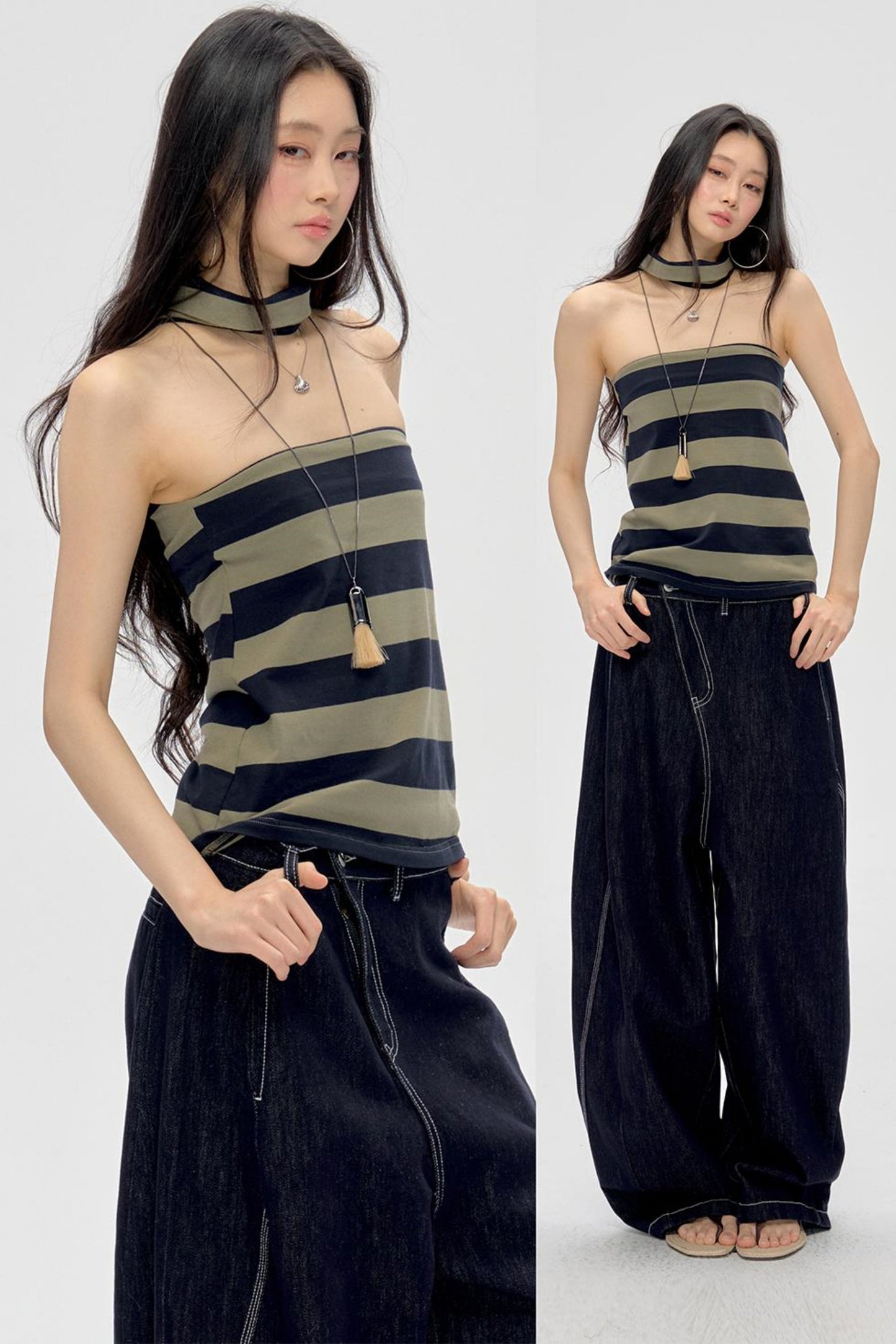 Summer Striped Neck Wrap Tank Top