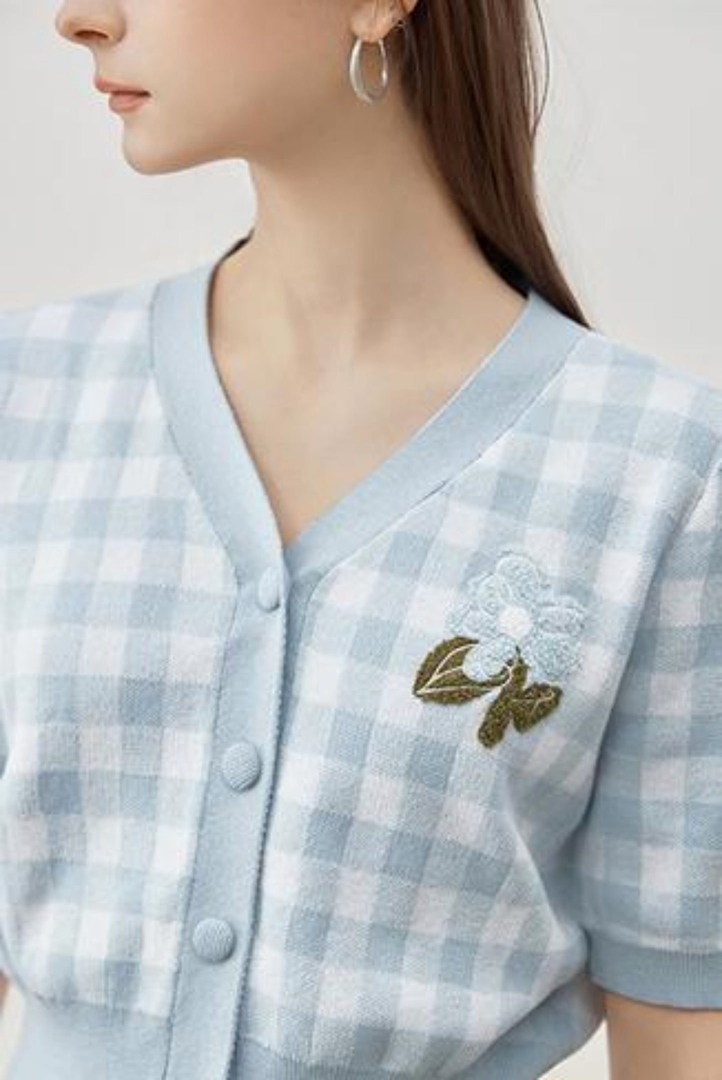 V-Neck Checkered Cotton Knit Top