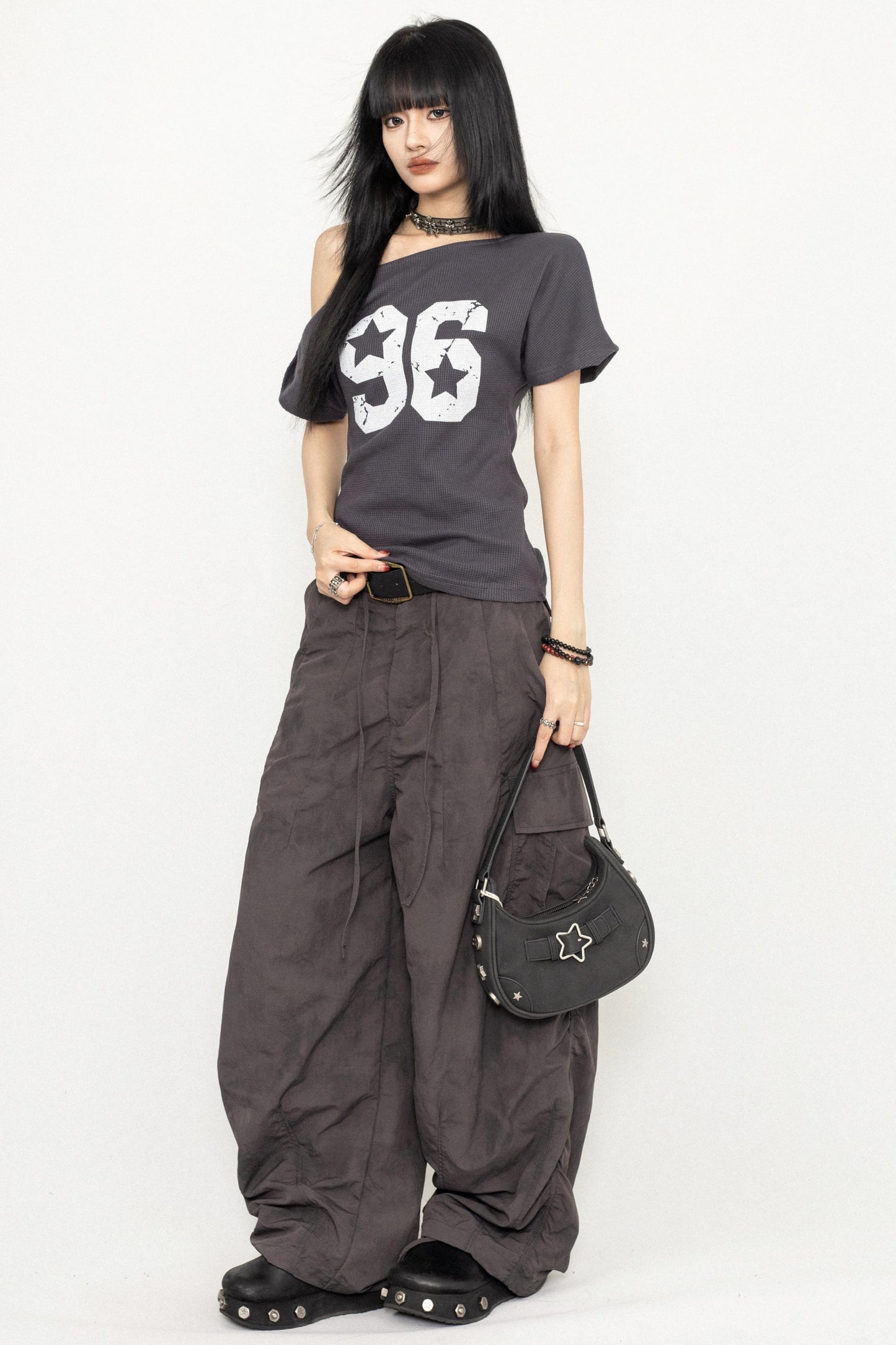 Vintage Print Slant-Shoulder T-Shirt