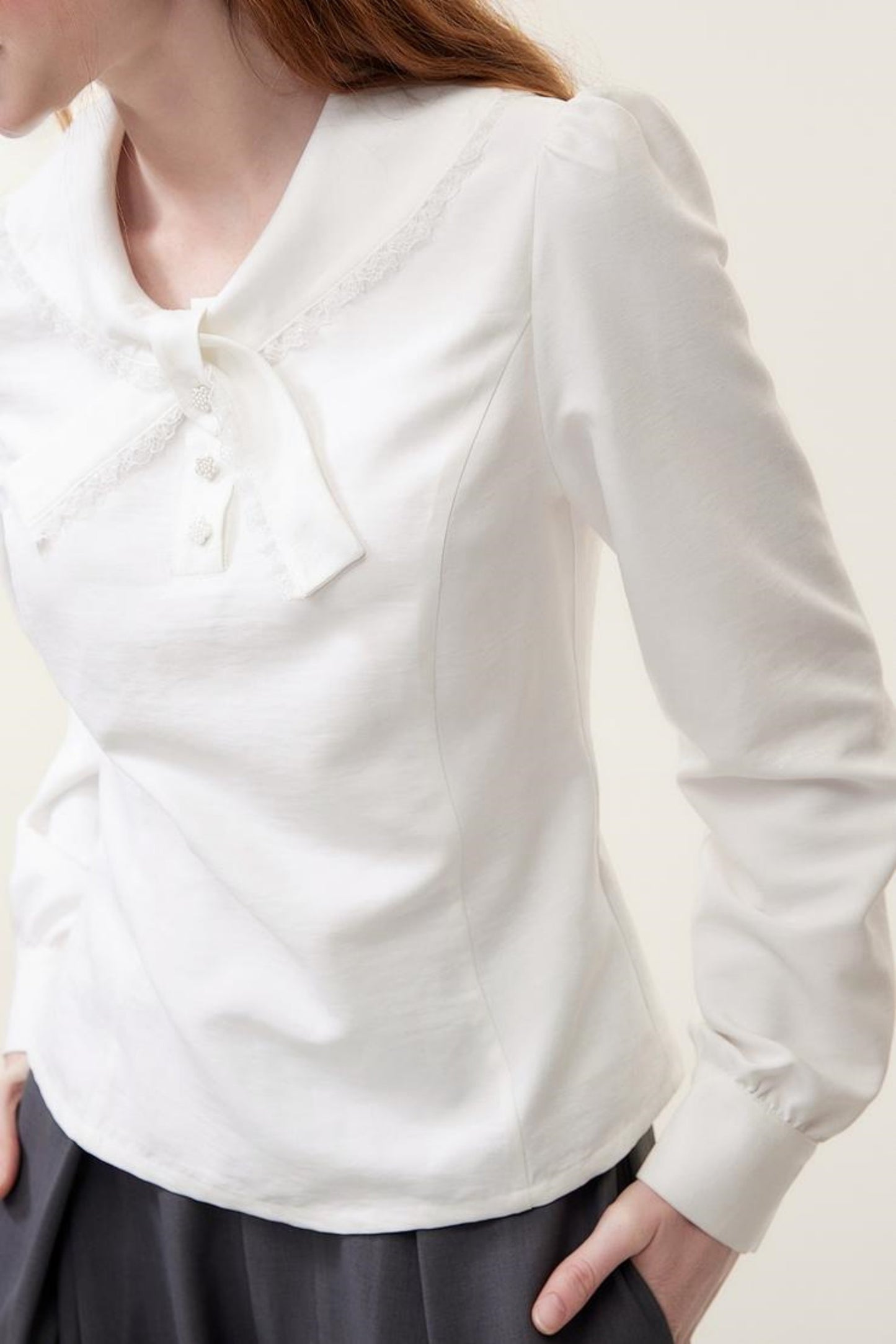 Lace-Trimmed Bow Tie Blouse Shirt