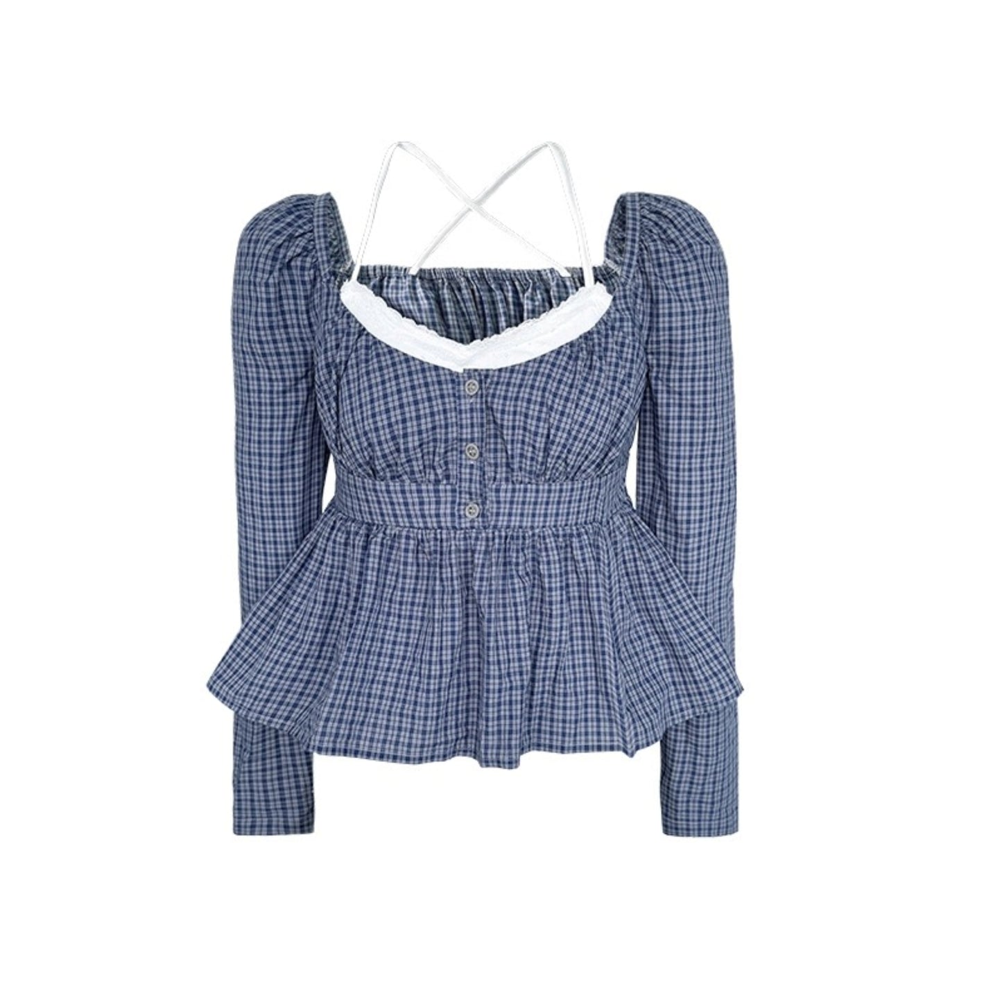 Vintage Check Square Neck Cinched Shirt