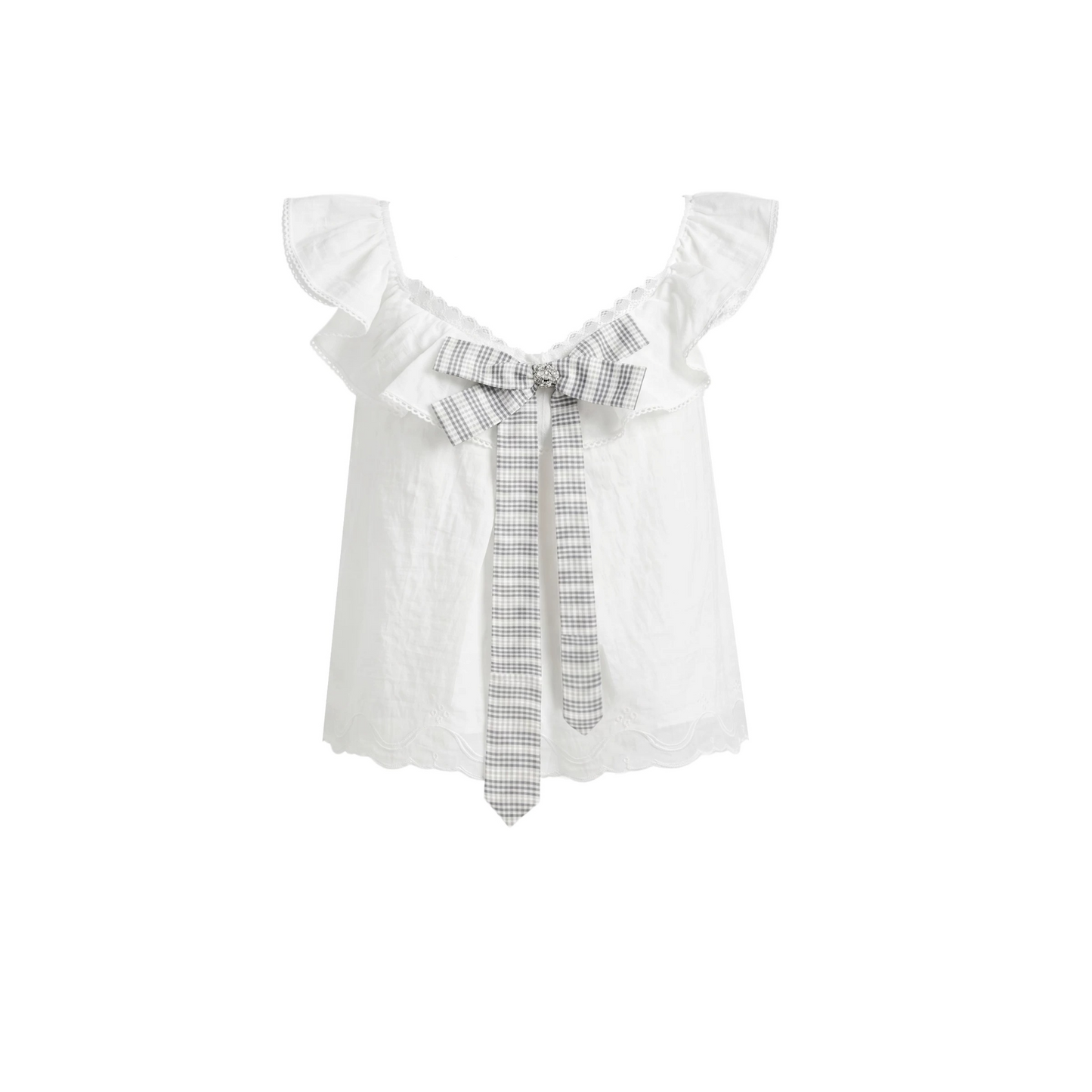 White Plaid Bow Flutter Top