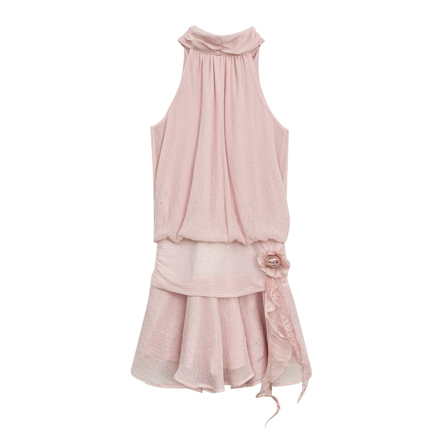 Pink Textured Chiffon Sleeveless Halter Dress