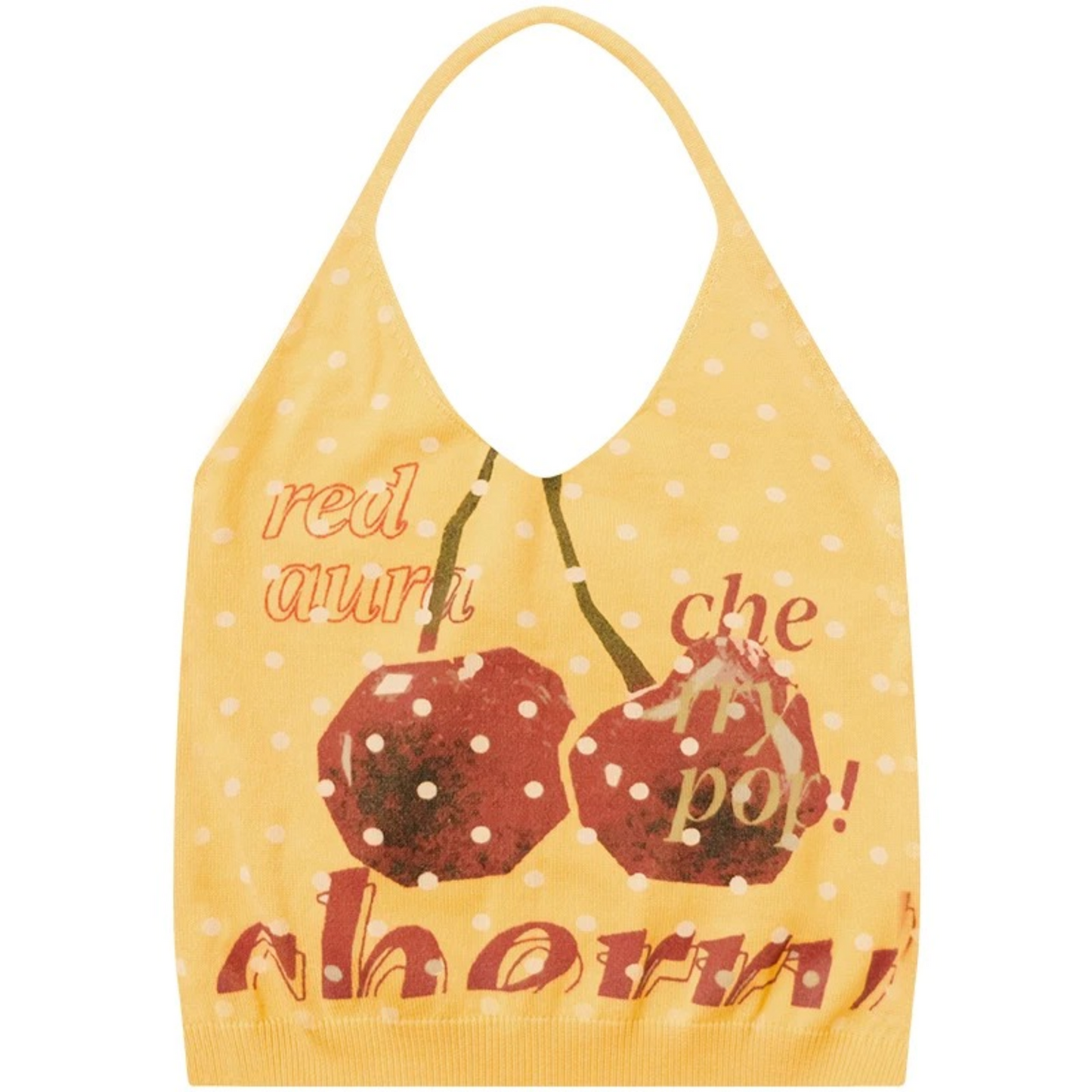 Gelbes Strick-Neckholder-Oberteil mit Kirschprint
