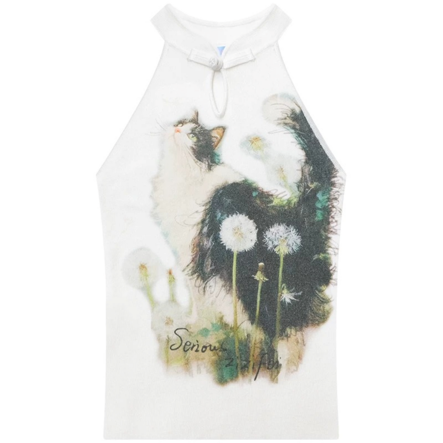 White Knit Cat Print Halter Top