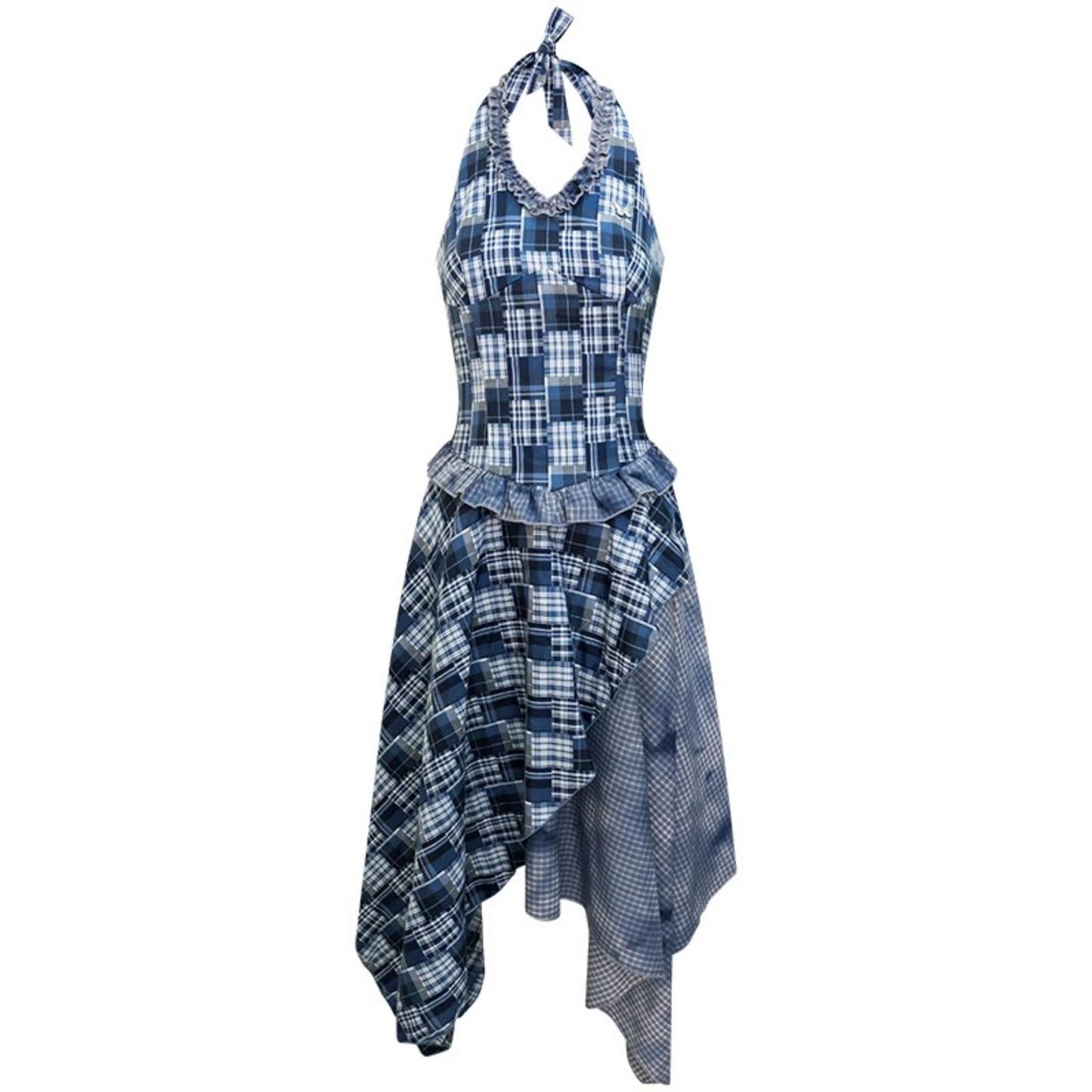 Blau kariertes asymmetrisches Neckholder-Kleid ohne Ärmel