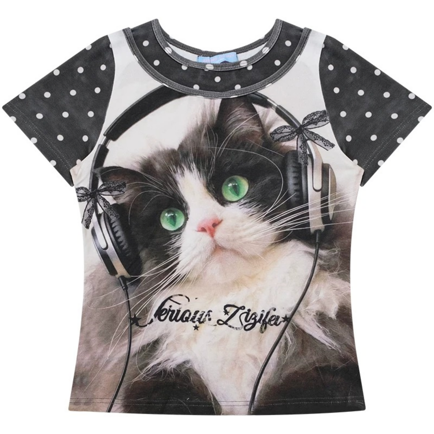 T-Shirt mit Katzenprint und Polka-Dots