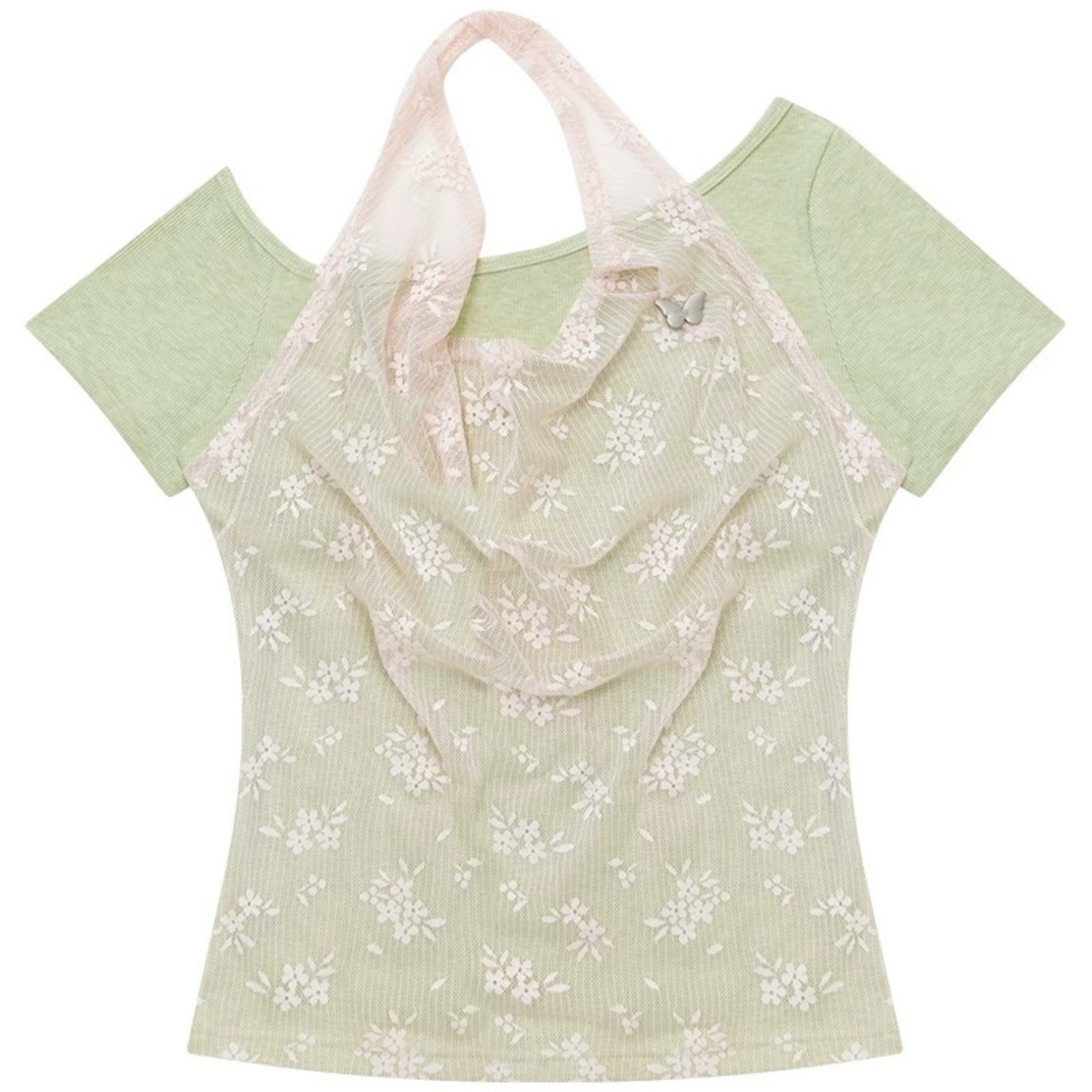 Maglia sovrapposta all'americana in pizzo floreale a maniche corte