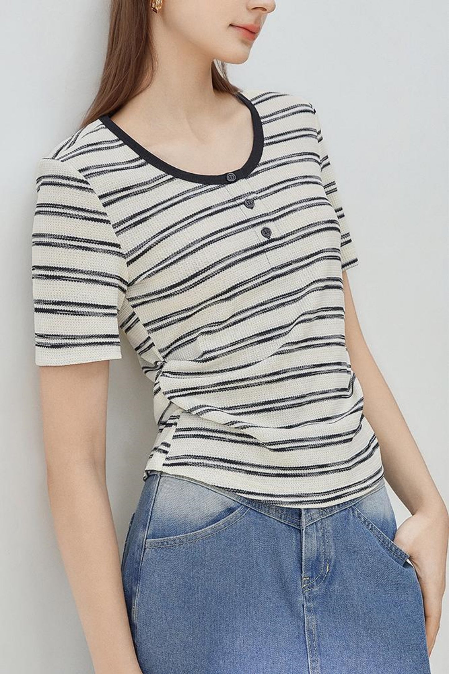 Retro Stripe Textured Knit T-Shirt