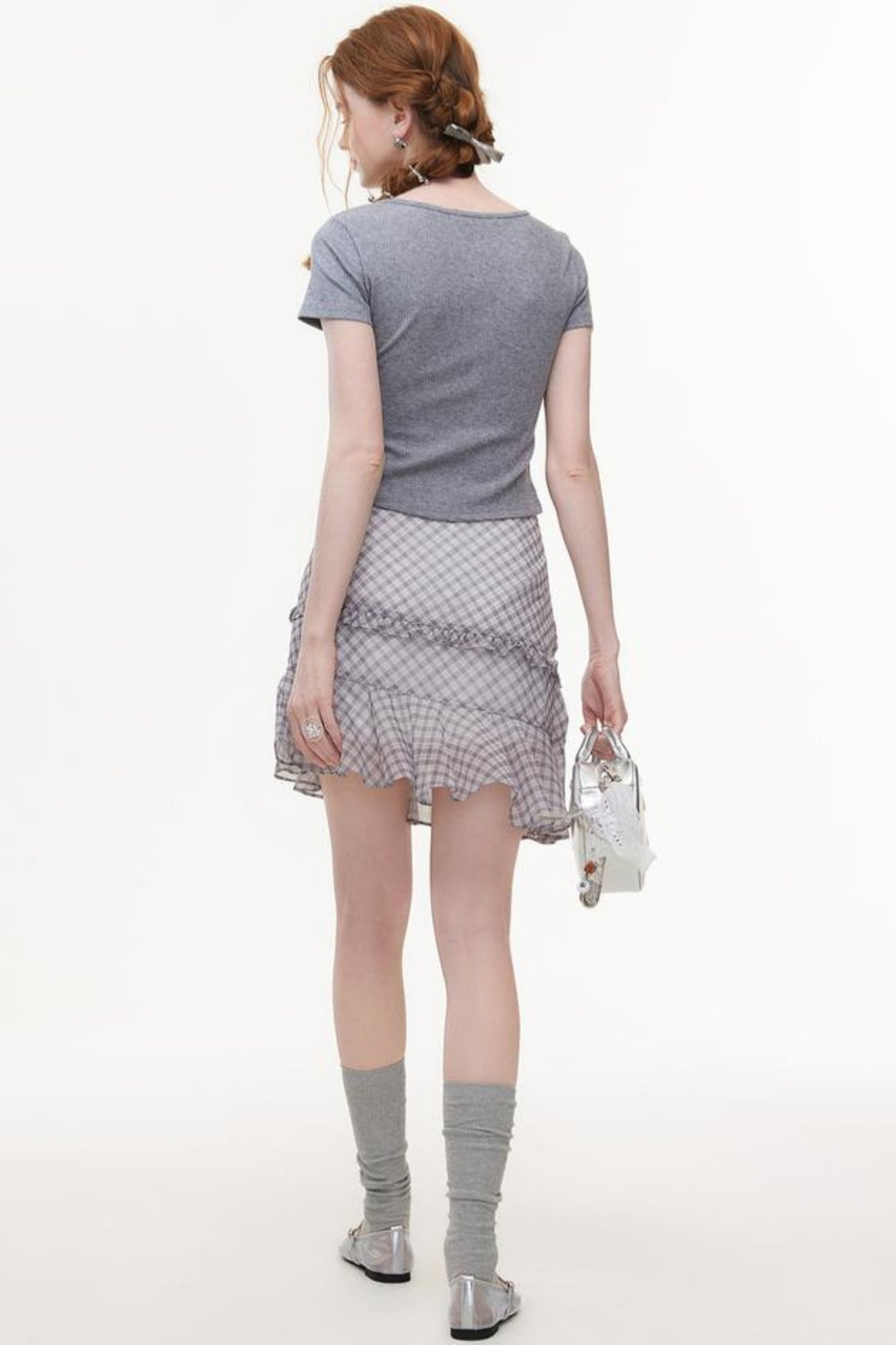 Irregular High-Waist Plaid Chiffon Bustier Skirt