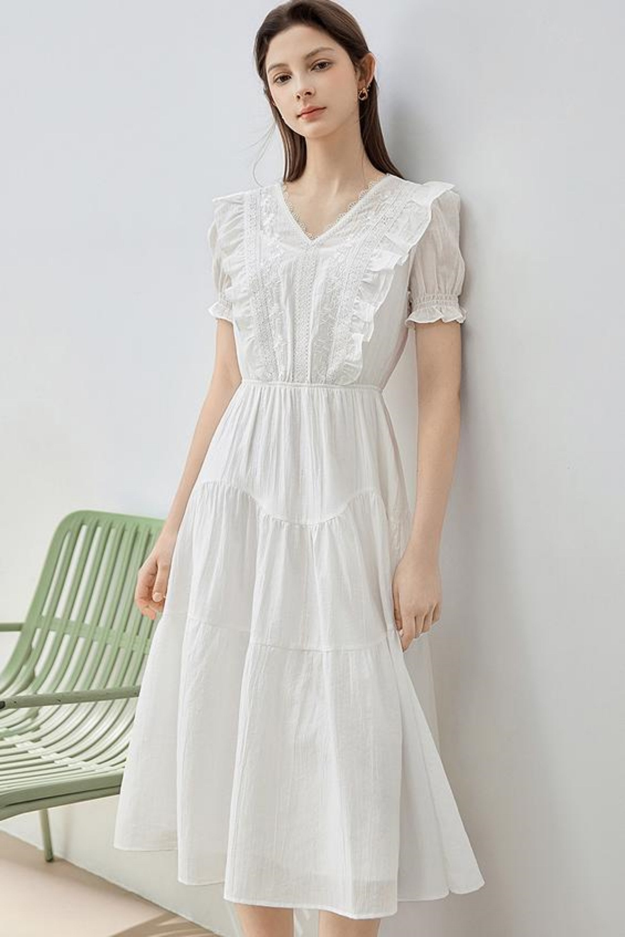 Celebrities Solid Color Ruffle Patchwork V Neck A Line Dresses(4 Colors) main image 0