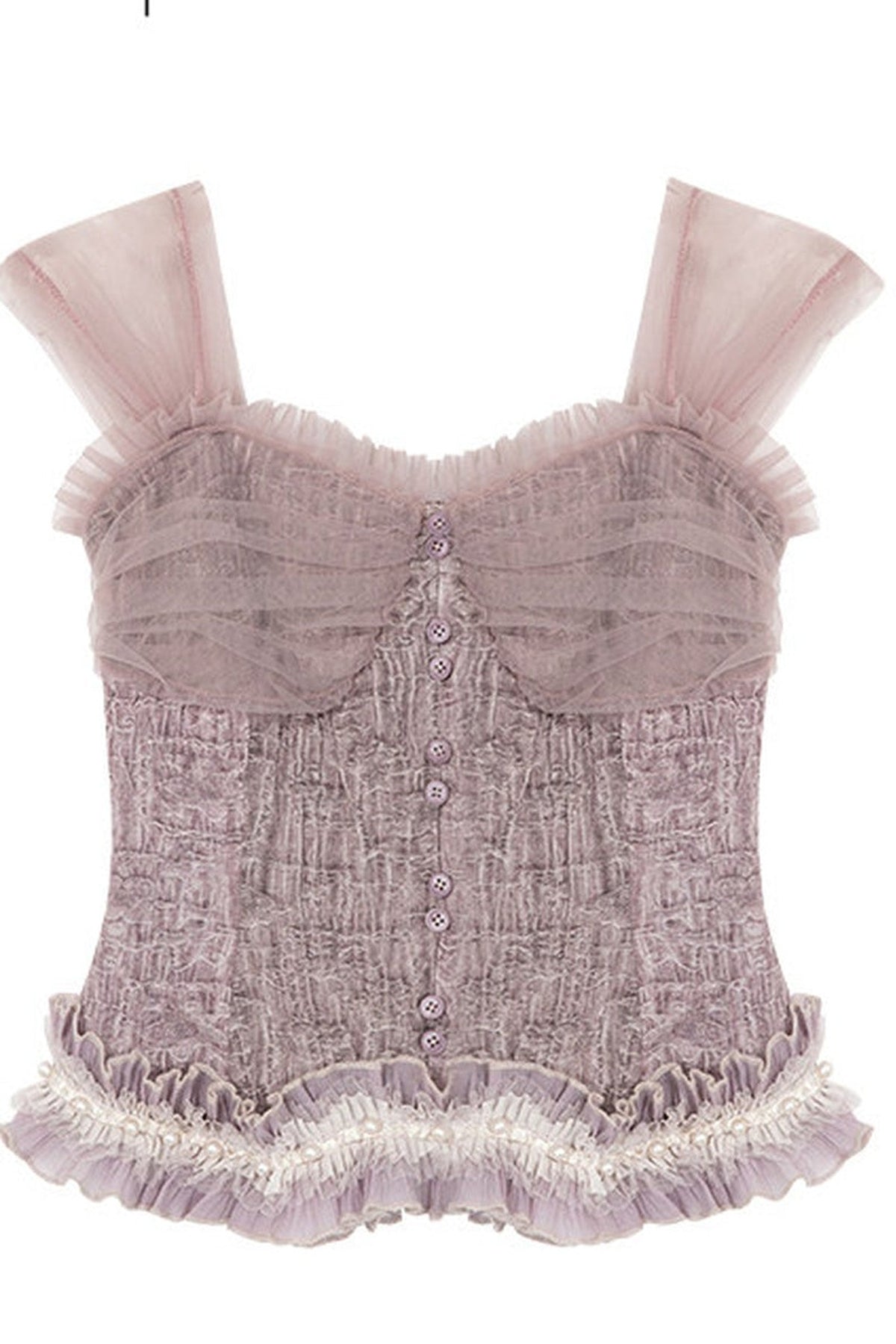 Spliced Pleated Mesh Lace Tube Top