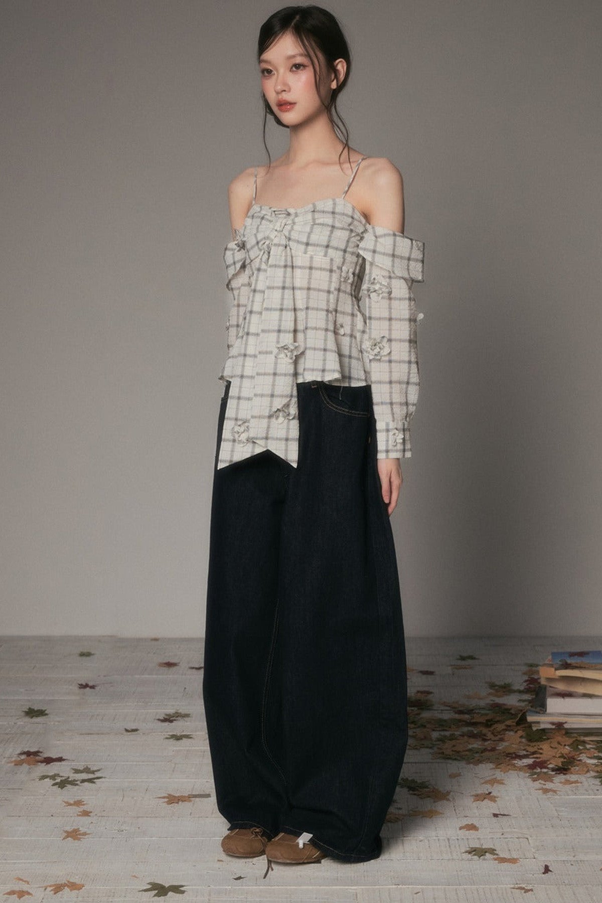 Bow-Tie Plaid Floral Long-Sleeve Tube Top