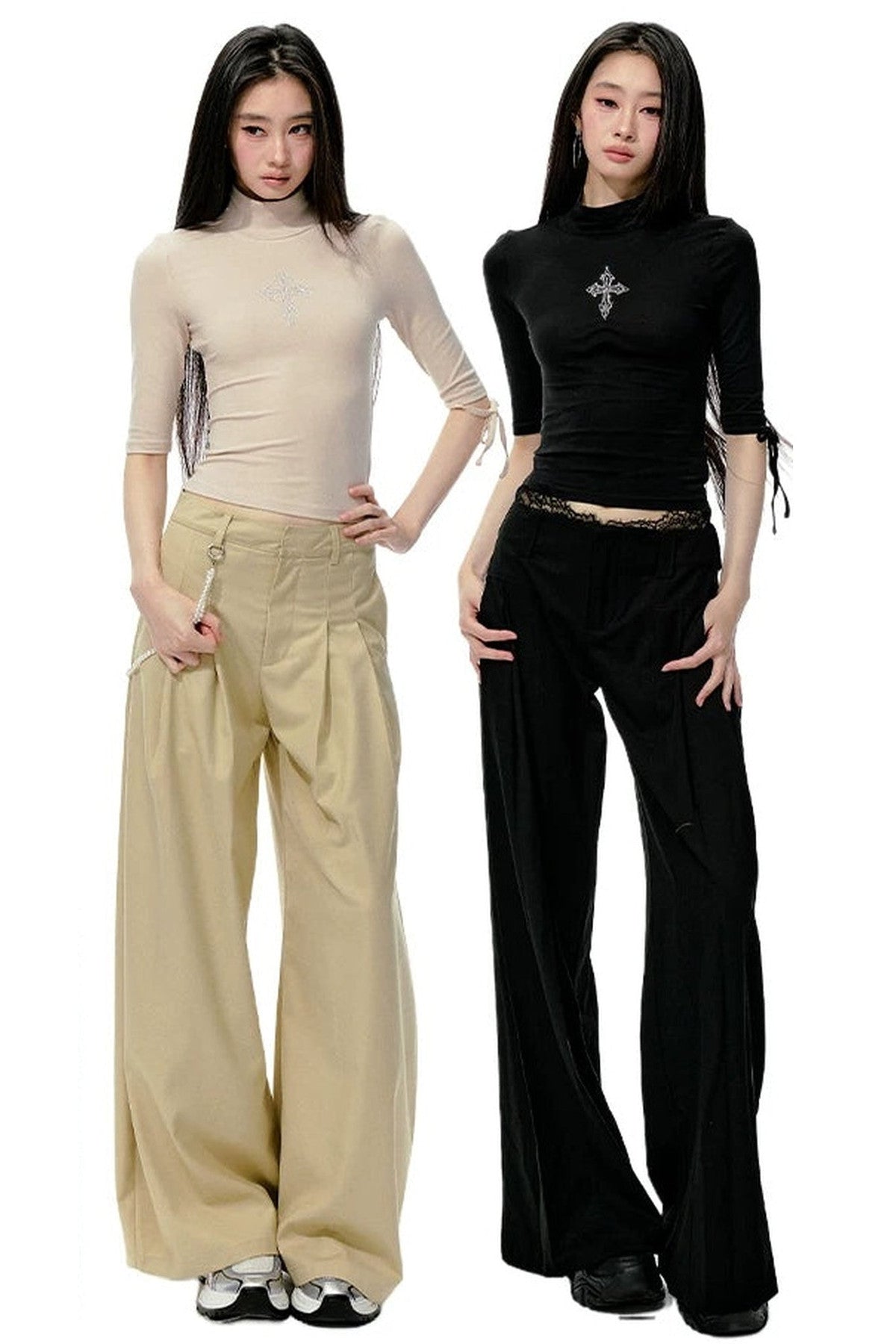 High-Neck Tie-Up Mid-Sleeve Slim-Fit Top