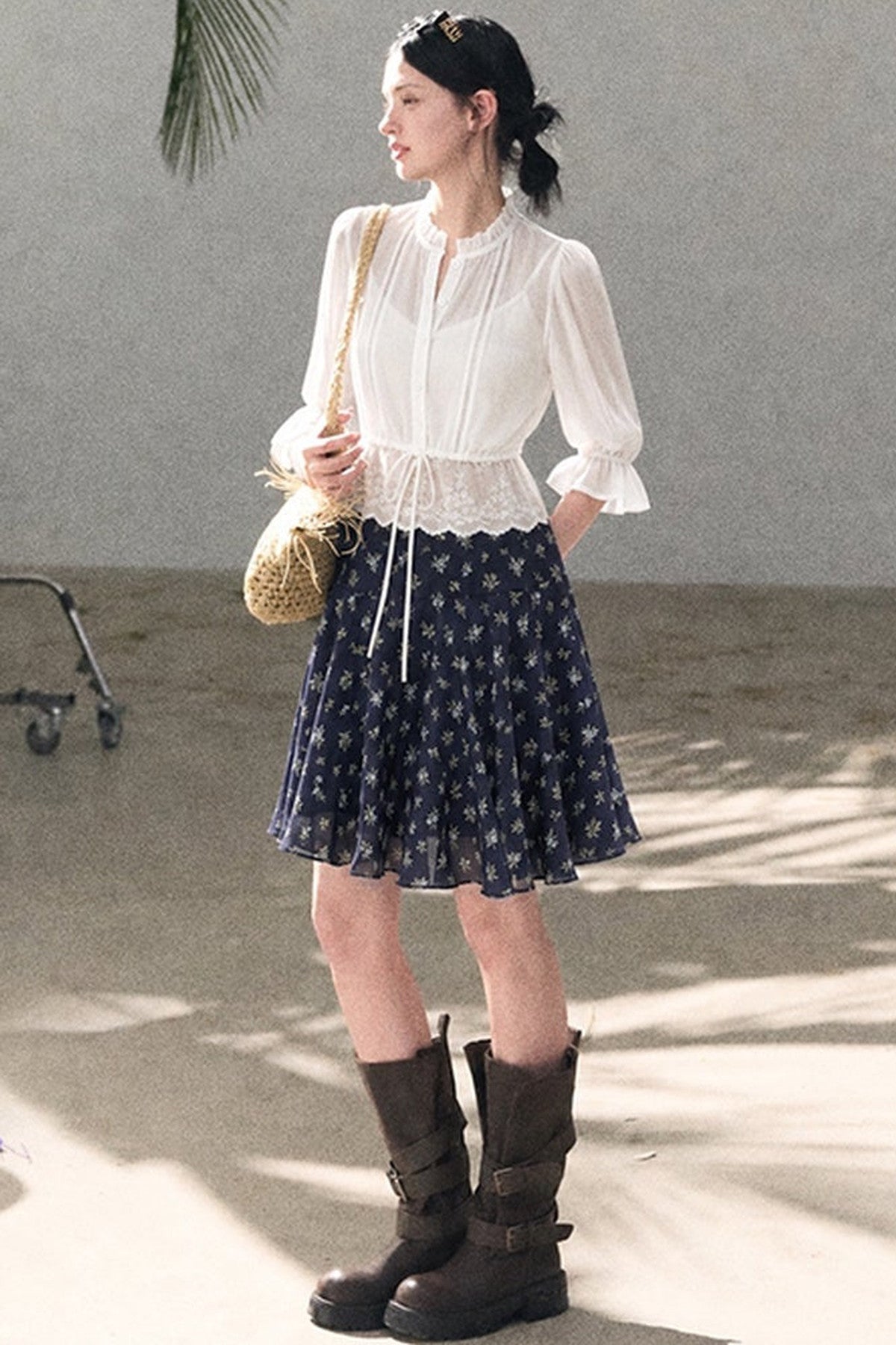 Lyocell Lace Trim Blouse and Floral A-Line Skirt Set-Up
