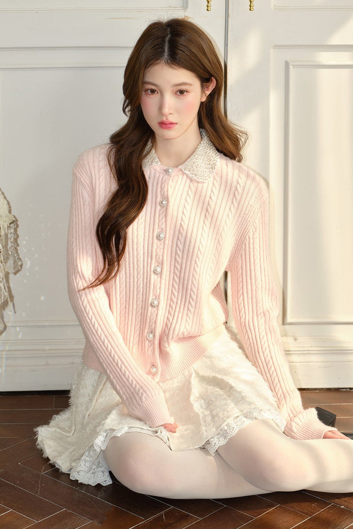 Pink Crochet Doll Collar Cardigan