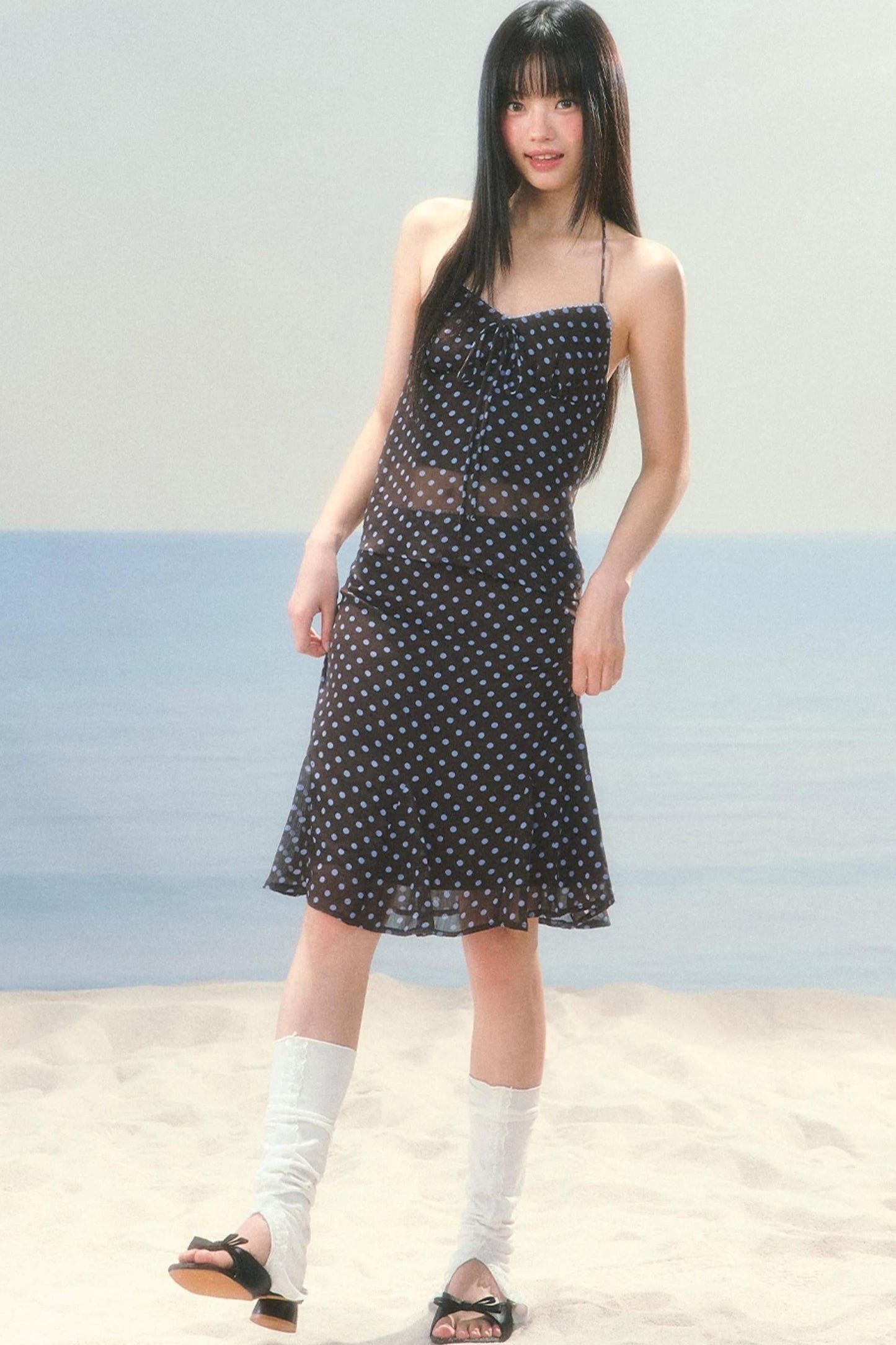 High-Waisted Chiffon Polka Dot Fishtail Skirt