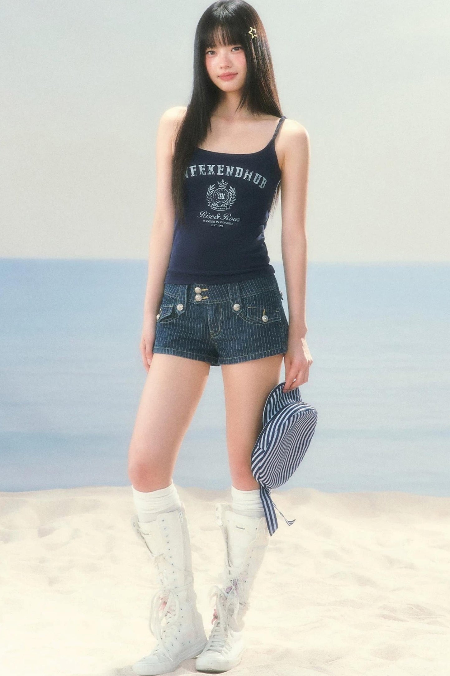 Retro Striped Denim Shorts