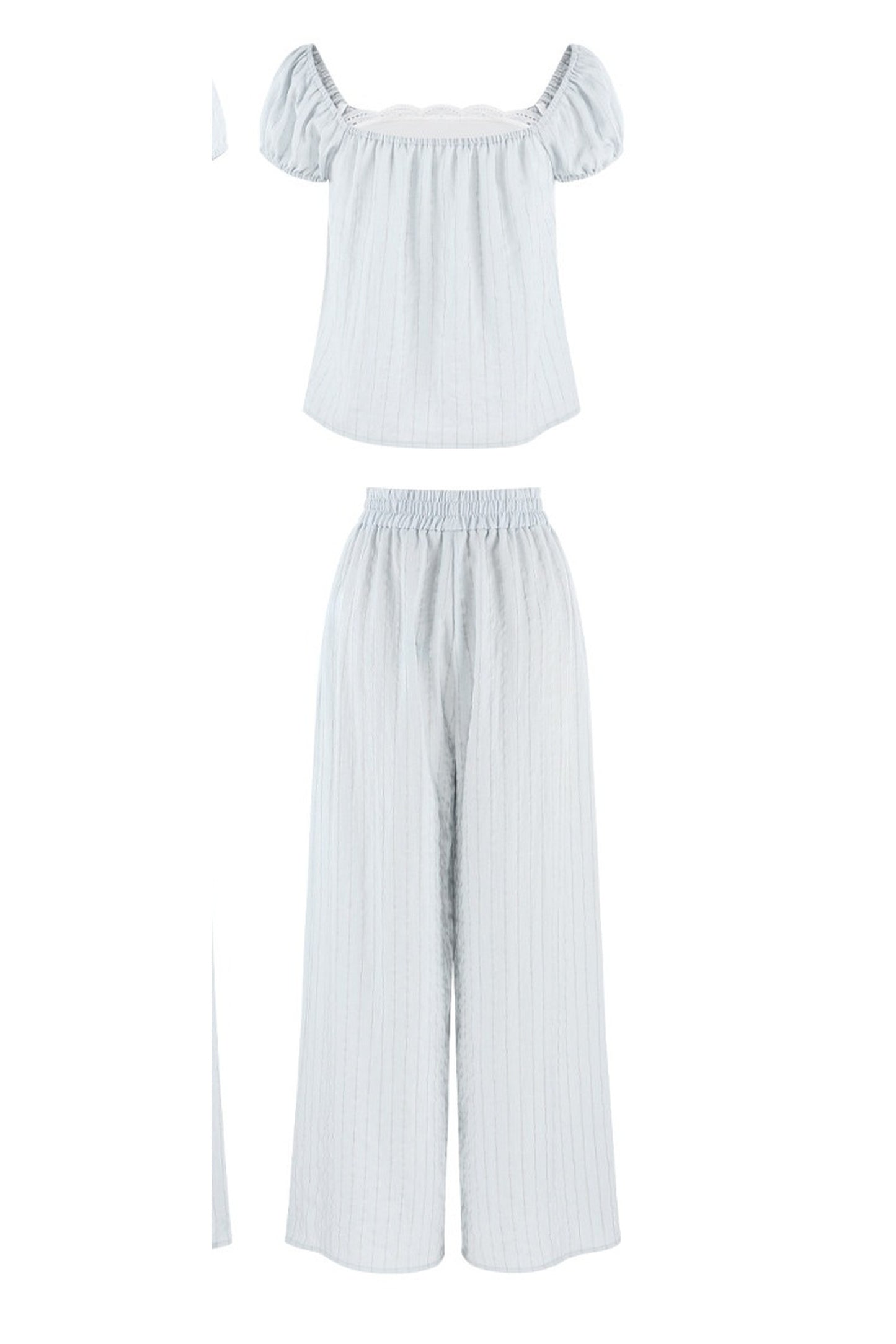 Blue Striped Square-Neck Shirt and Wide-Leg Pants Set-Up