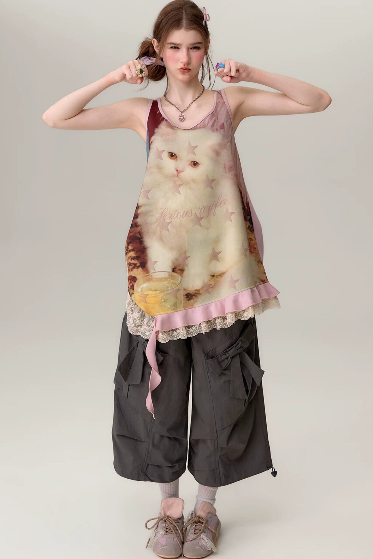 Robe sans manches en dentelle à imprimé chat rose