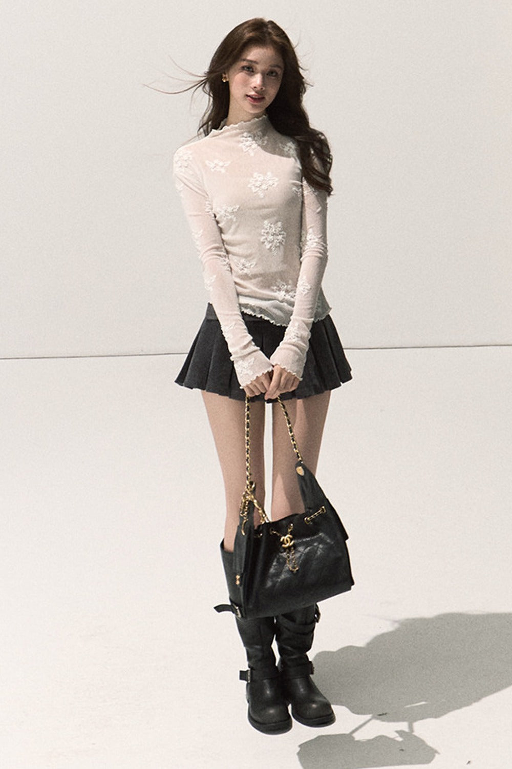 Textured Lace Jacquard Half-High Collar Top