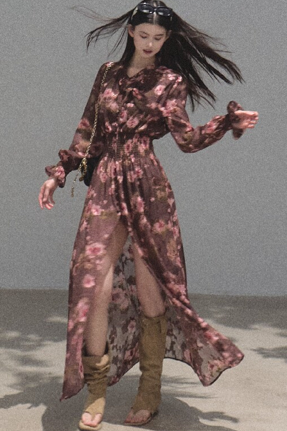 Long Sleeve Chiffon Floral Tie Waist Dress