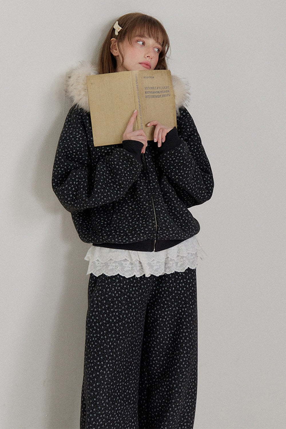 Floral Fur Collar Padded Jacket and Pants