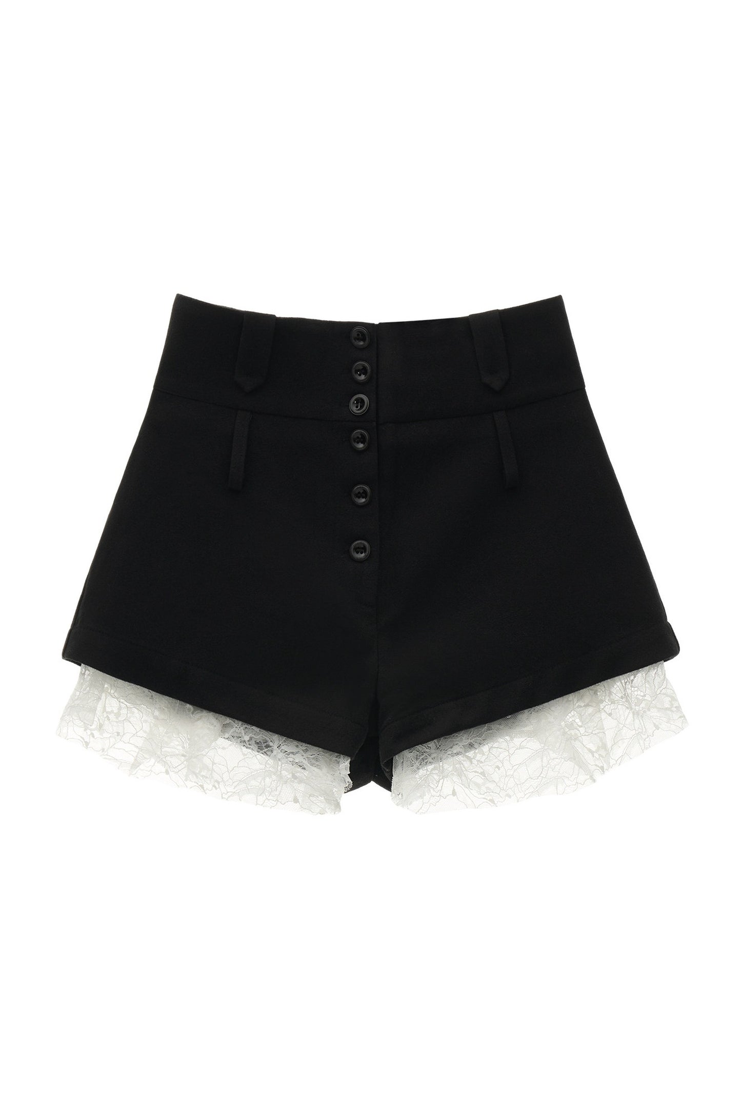 Hoch taillierte A-Linien-Shorts mit Knöpfen und Spitzenbesatz am Saum