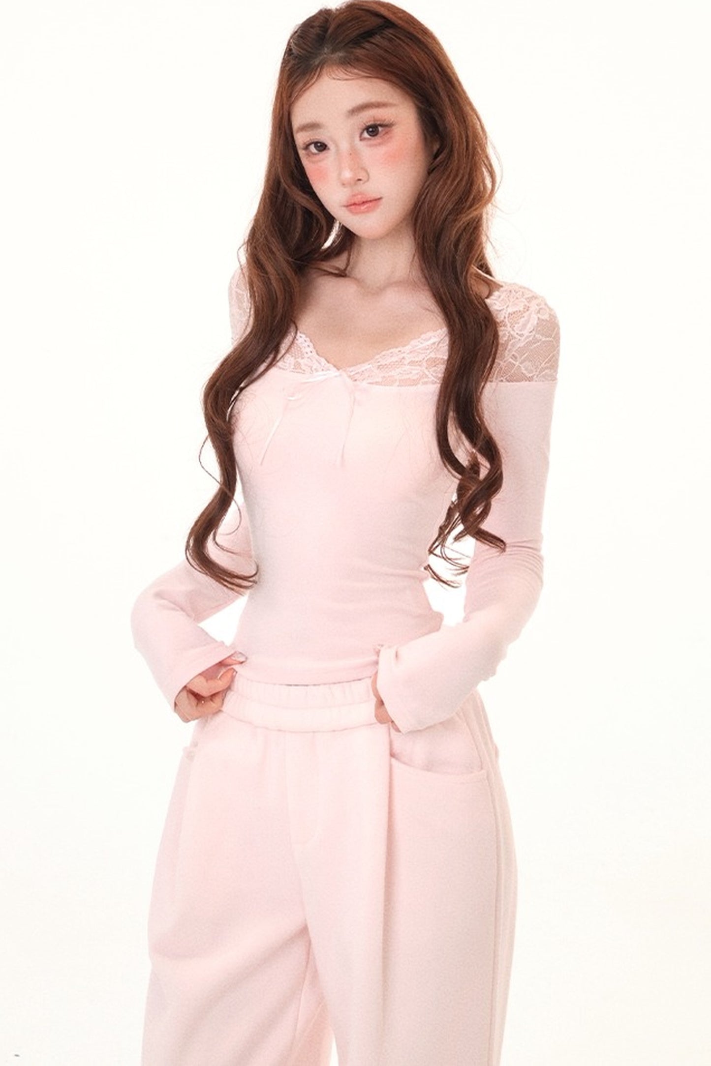 Lace Splice Fleece Shirt and Wide-Leg Sweatpants Set-Up