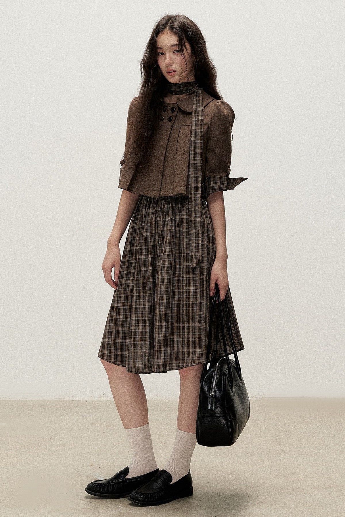 Diagonal Placket Plaid Ribbon Dress