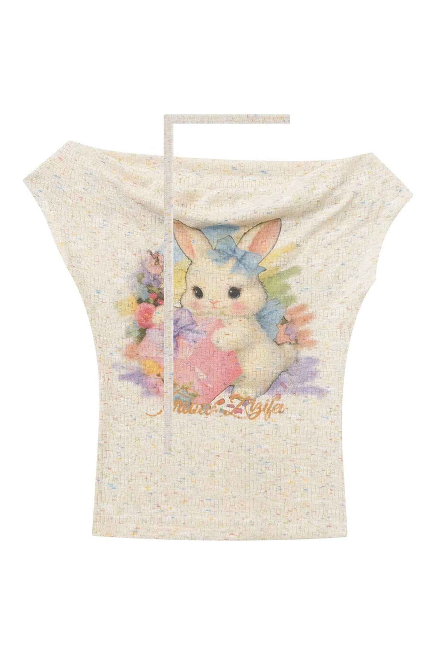 Schulterfreies Regenbogen-Kaninchen-Strick-T-Shirt