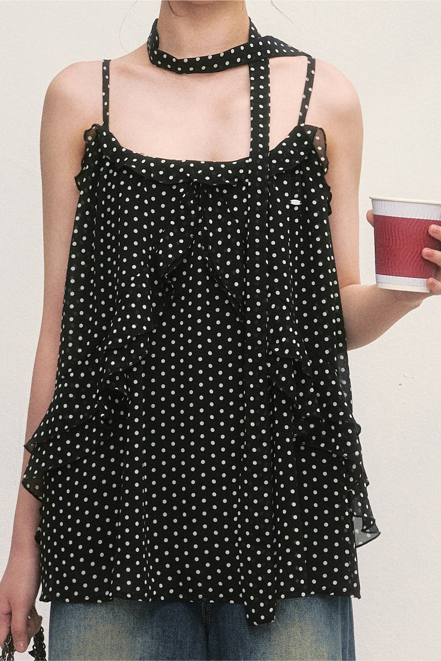 Polka Dot Ruffled Chiffon Camisole