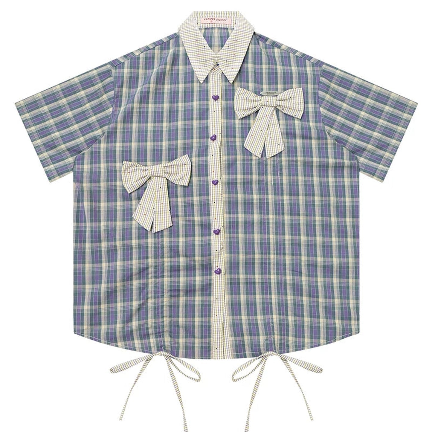 Purple Green Plaid Bow Drawstring Shirt