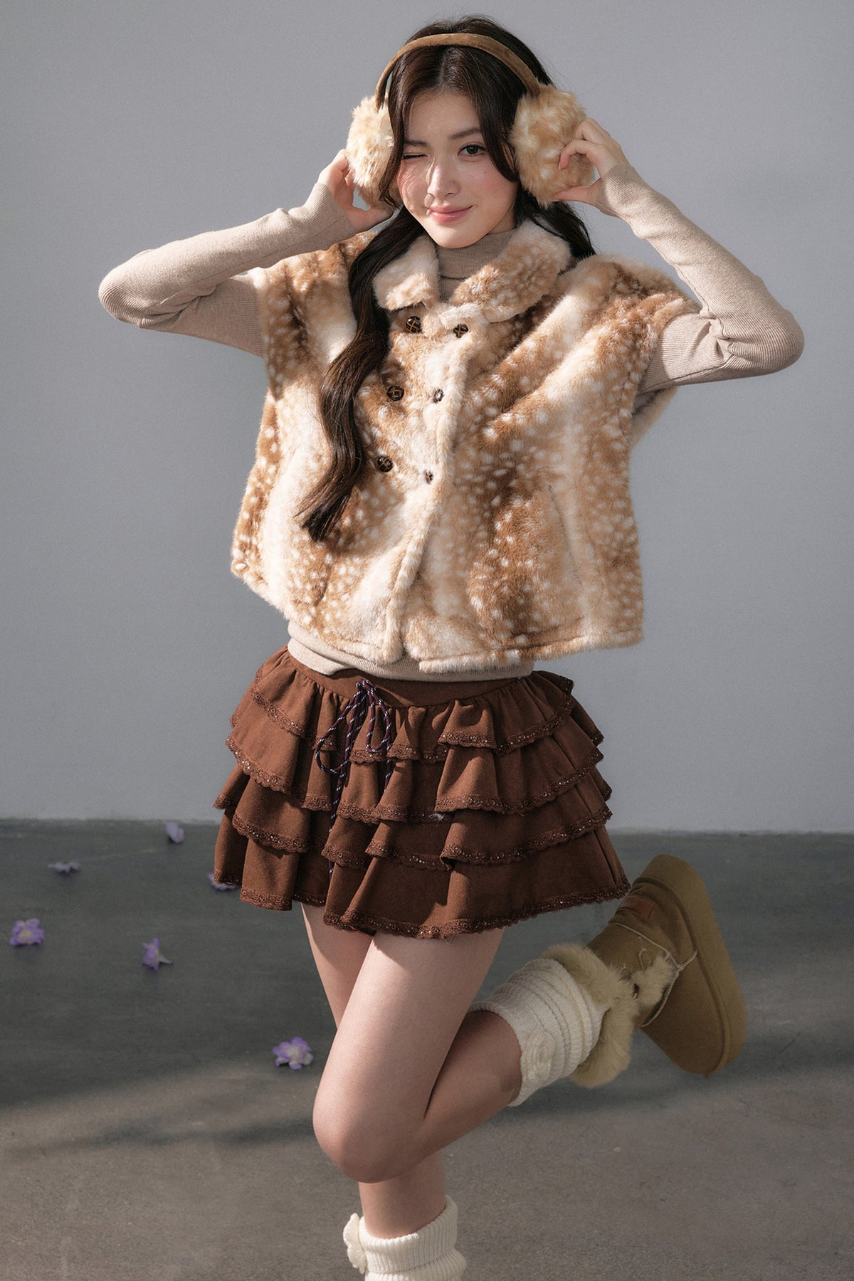 Warm Little Deer Fur Cape Jacket and Top Set-Up