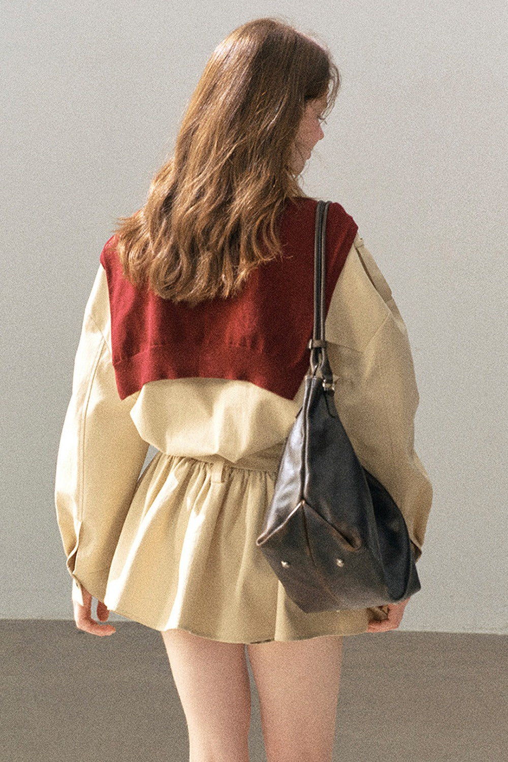 Plaid Collar Trench Coat With Pleated Skirt Set-Up