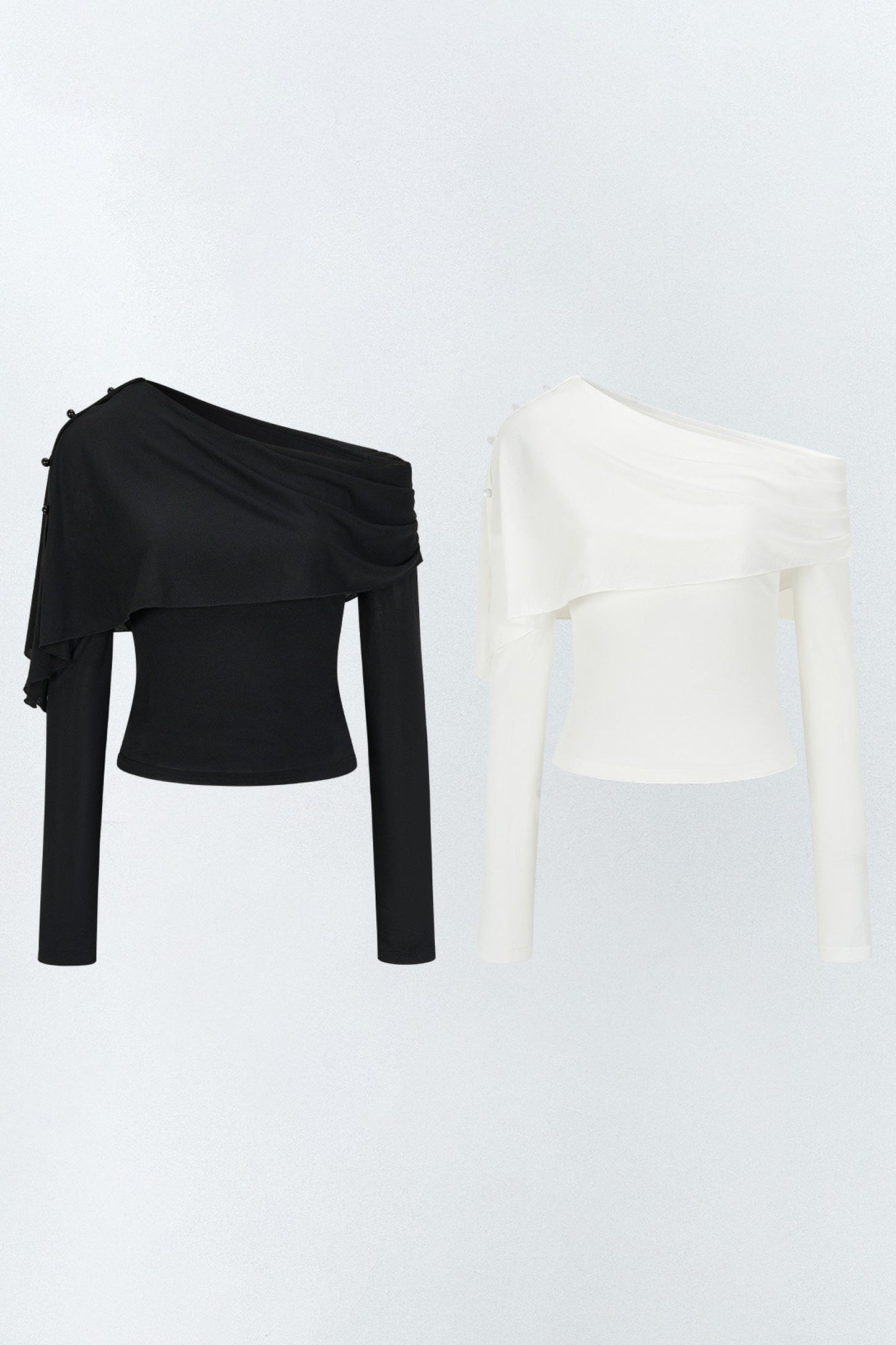 Asymmetric One-Shoulder Button Shawl Long Sleeve Top
