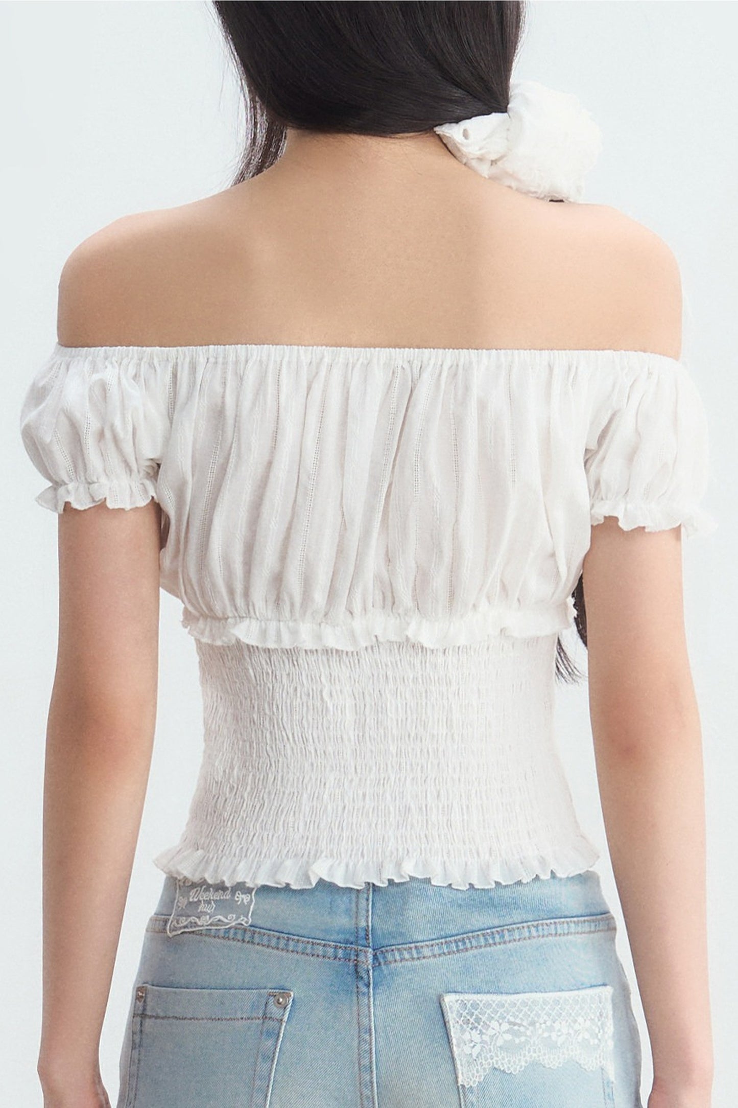 Off-Shoulder Puff Sleeve Lace-Up Top