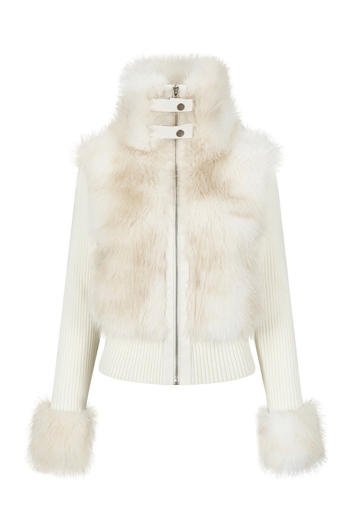 Layered-Look Fur Patchwork Knit Jacket