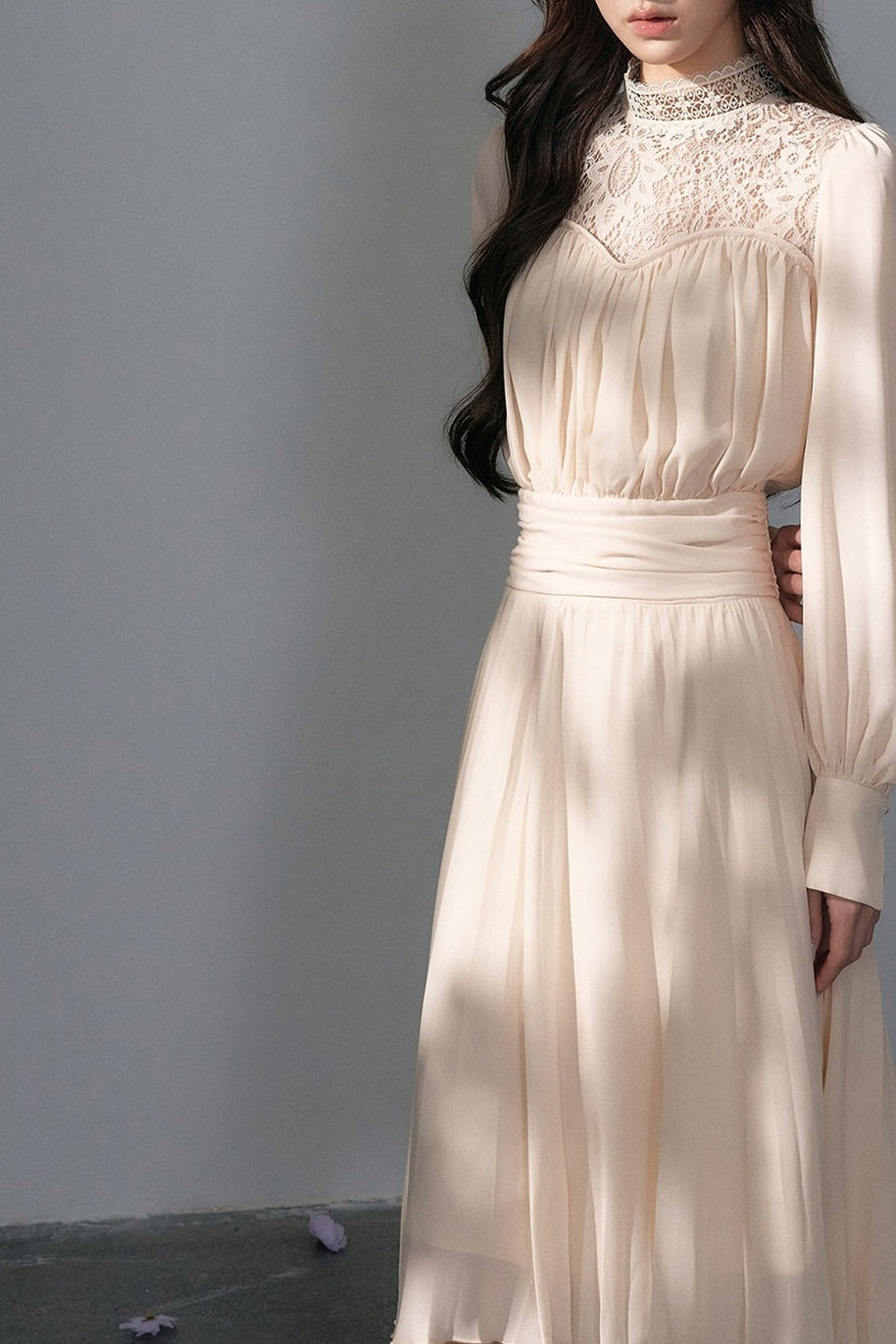 Pleated Lace Mid-Length Dress