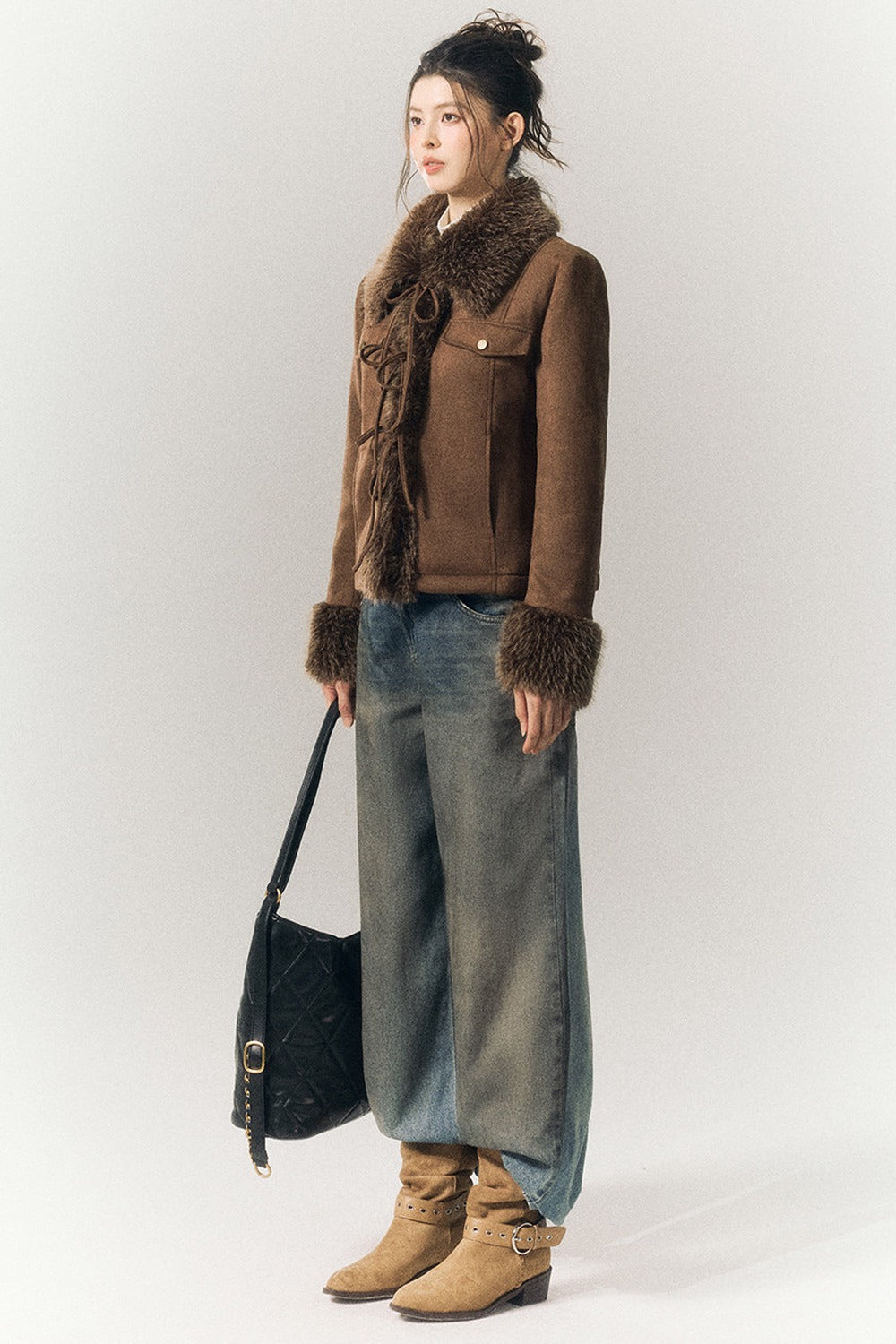 Suede Fur Collar Lace-Up Jacket