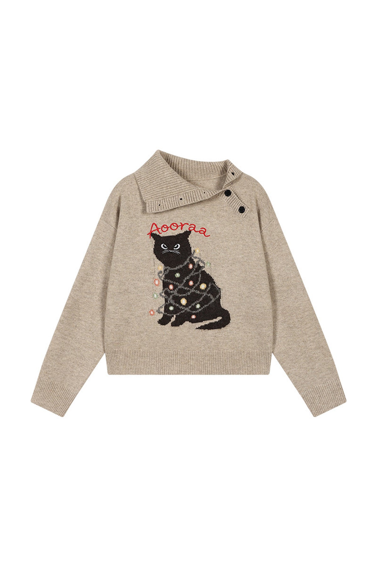 Diagonal Placket Cat Knit Pullover