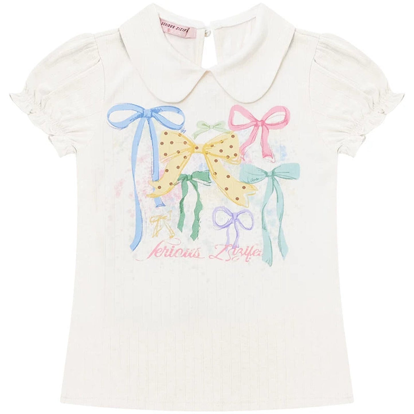T-shirt bianca con maniche a sbuffo e stampa con fiocchi